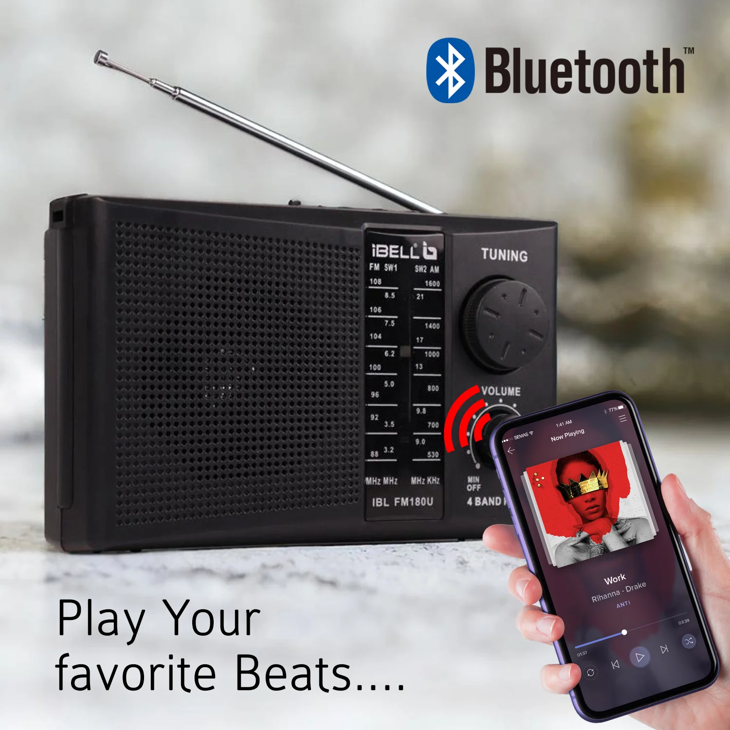 iBELL FM180U Portable FM Radio with USB/SD Slot, MP3 Player, Headphone Jack & Dynamic Speaker 4 Band (Black) - Image 5