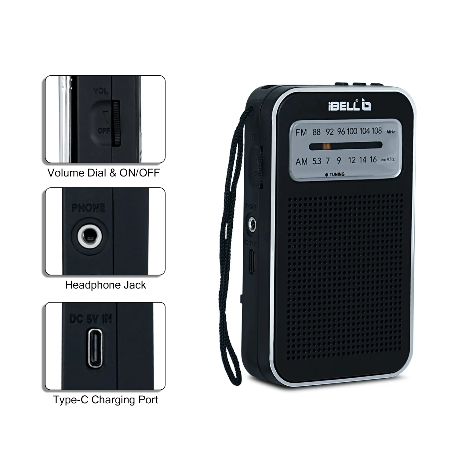 iBELL FM720BT Portable Pocket FM Radio with Bluetooth Speaker, USB/SD MP3 Player, Rechargeable with Type C Port, 2 Band (Black) - Image 4