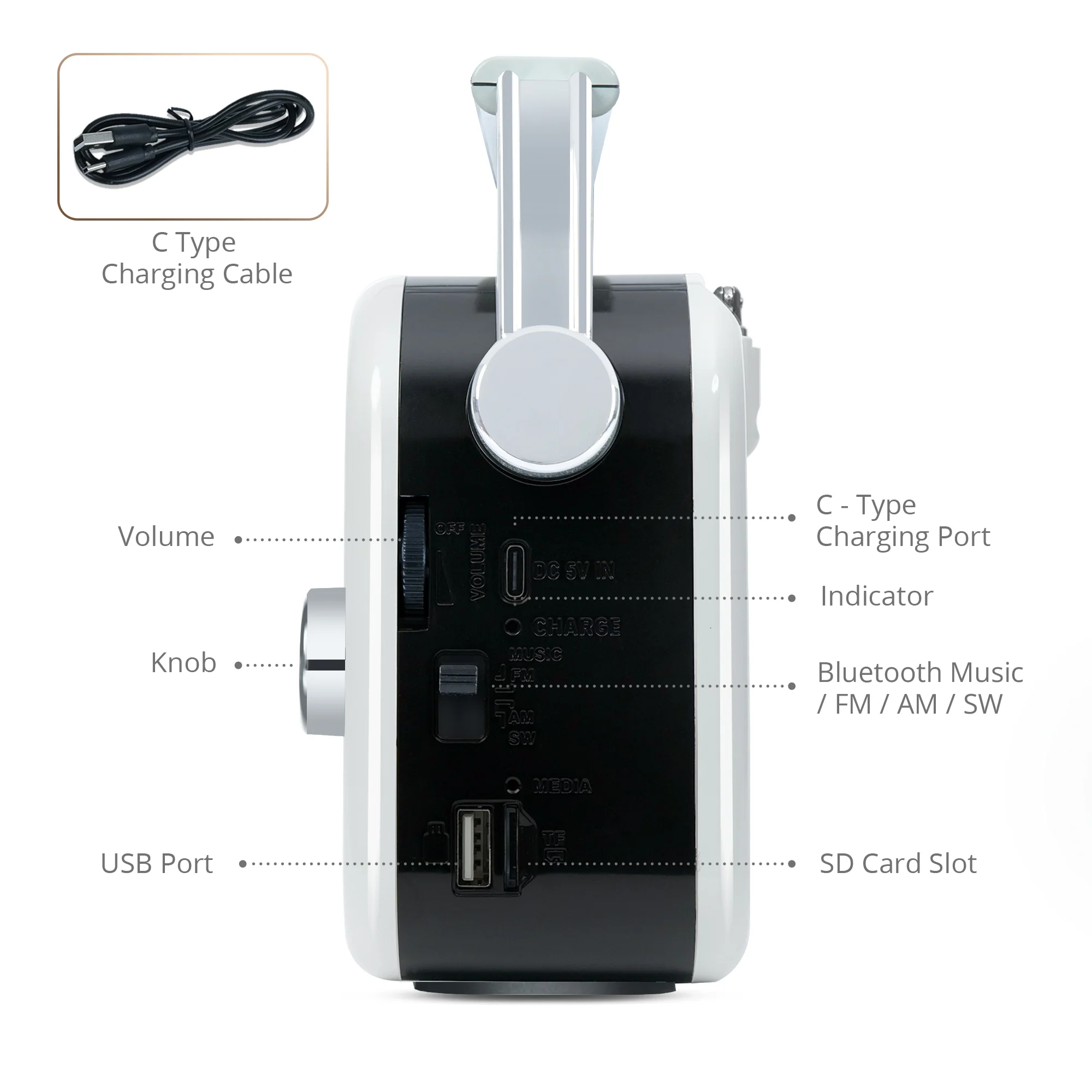 iBELL FM730BT Portable FM Radio with Bluetooth Speaker, USB, SD Slot, MP3 Player & Dynamic Speaker, 3 Band, Rechargeable with C-Type Charging Port (White) - Image 5