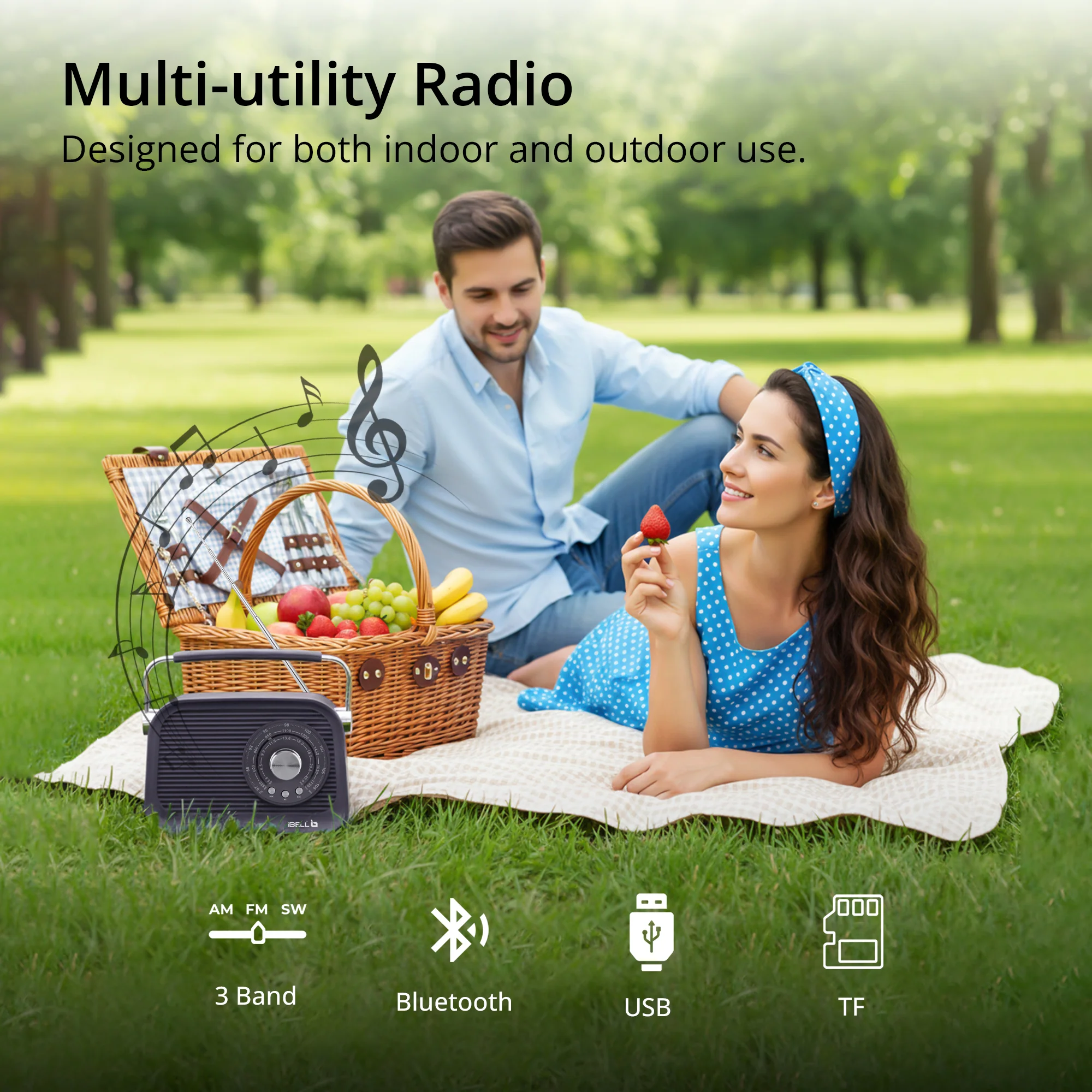 iBELL FM770BT Portable FM Radio with Bluetooth Speaker, AM/FM/SW 3-Band Tuner, USB & Micro TF Slot, MP3 Playback, Rechargeable Battery, Telescopic Antenna – Retro Style (Grey) - Image 4