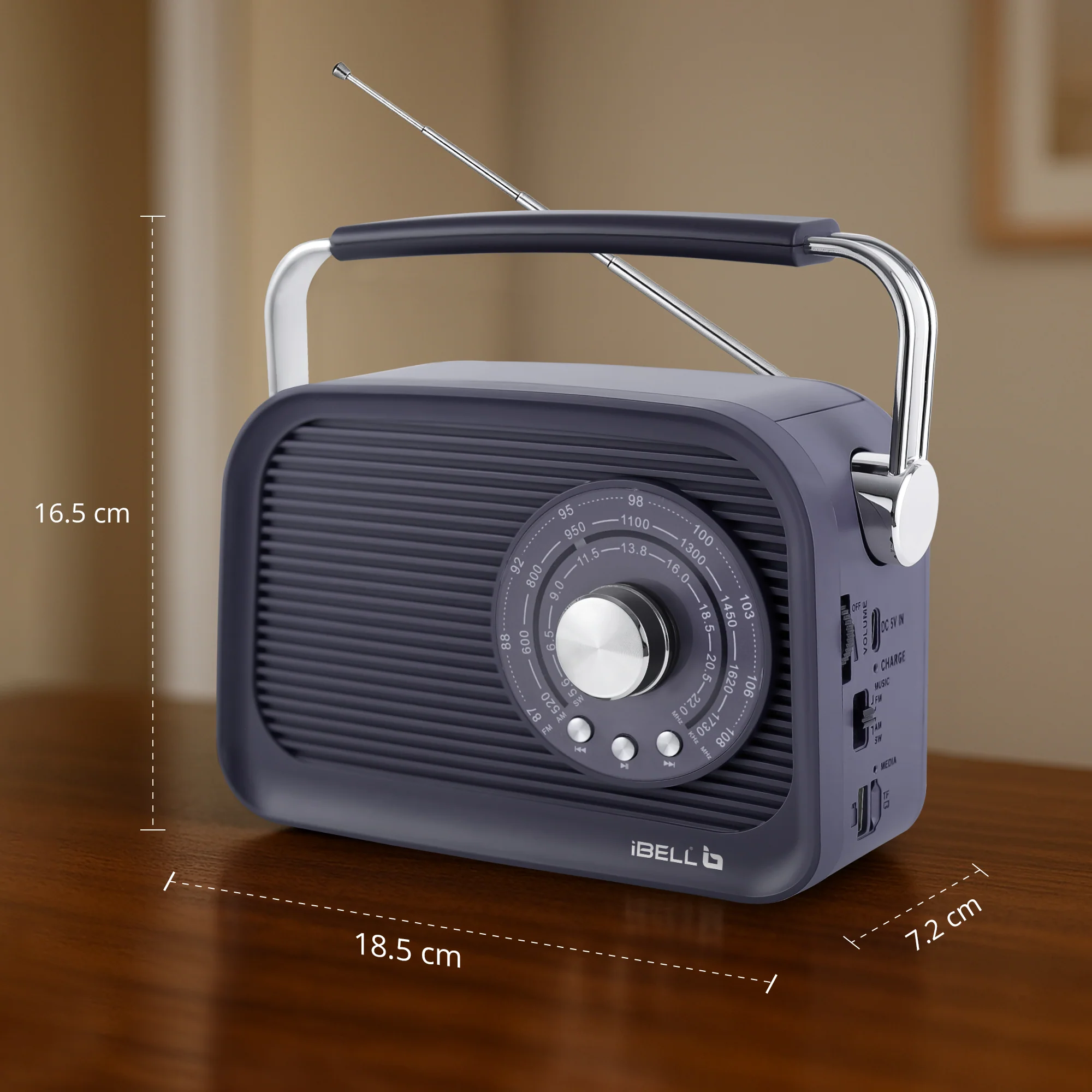 iBELL FM770BT Portable FM Radio with Bluetooth Speaker, AM/FM/SW 3-Band Tuner, USB & Micro TF Slot, MP3 Playback, Rechargeable Battery, Telescopic Antenna – Retro Style (Grey) - Image 5
