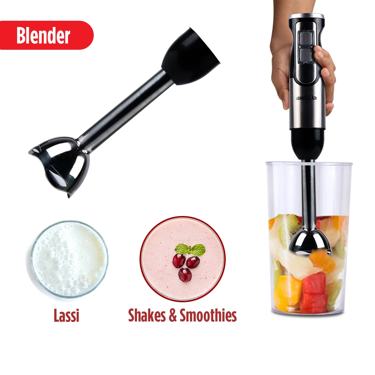 iBELL HB1000J 5-in-1 Hand Blender, 1000Watt, Adjustable Speed Control, Hand Mixer with Whisker/Beater, Immersion Blender, Vegetable Chopper & 600ml Container (Black) - Image 5