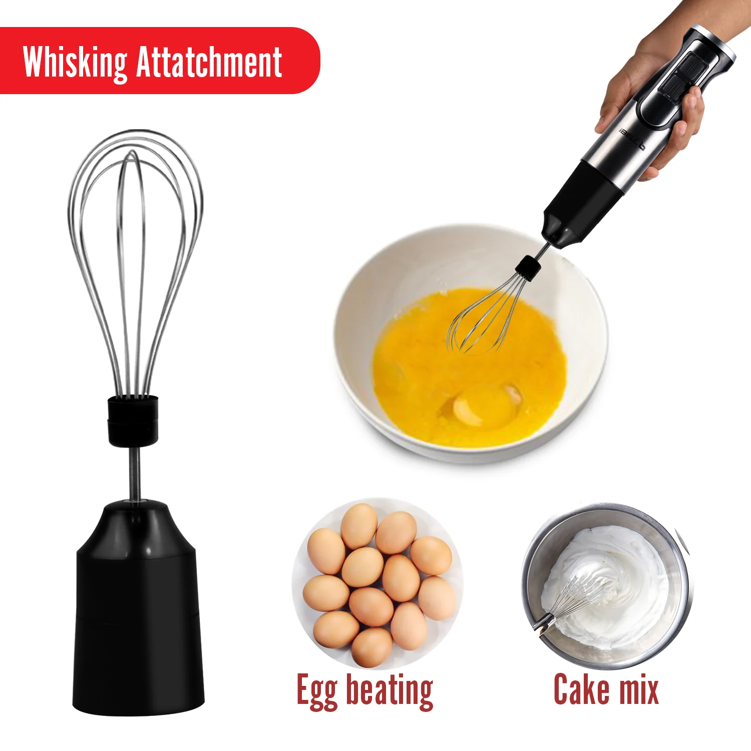 iBELL HB1000J 5-in-1 Hand Blender, 1000Watt, Adjustable Speed Control, Hand Mixer with Whisker/Beater, Immersion Blender, Vegetable Chopper & 600ml Container (Black) - Image 6