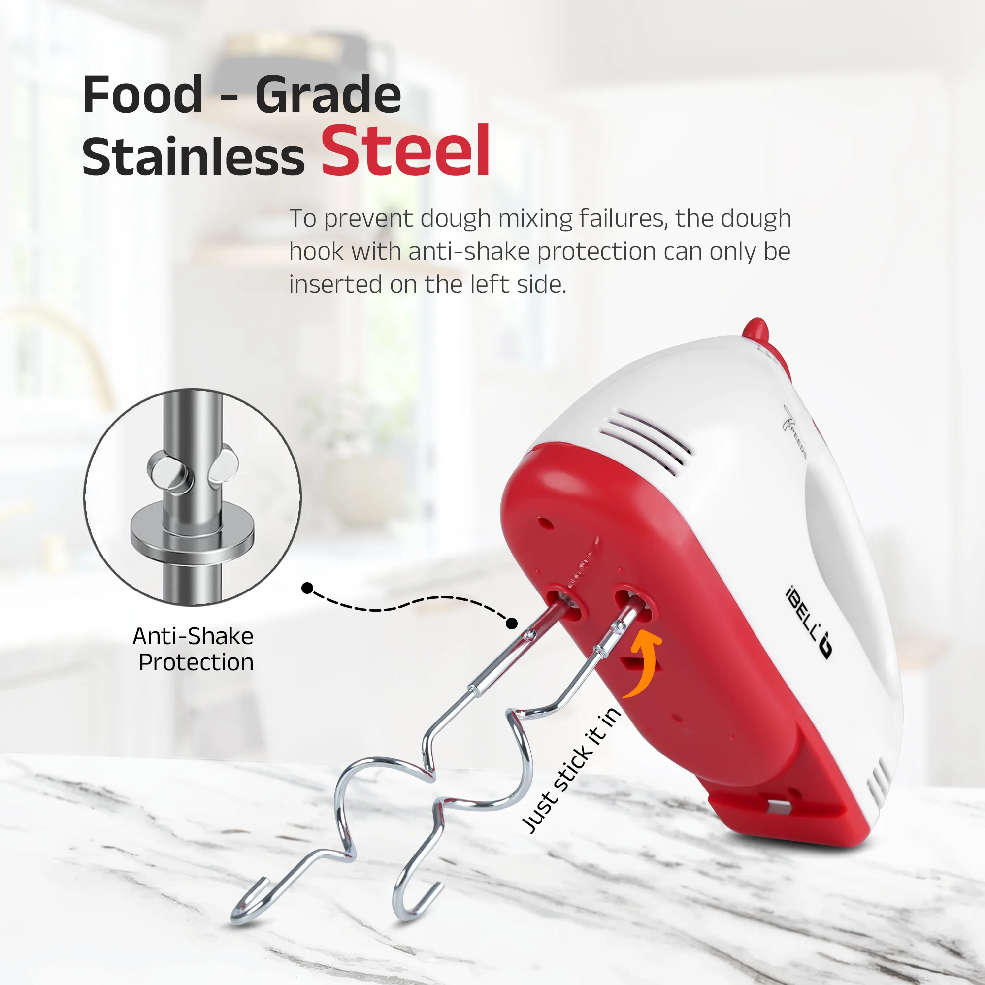 iBELL WHISK280 Hand Mixer, 280W, 7 Speed Control Plus Turbo, Beater/Blender/Electric Cream Maker for Cakes, stainless, Dough Hooks (White) - Image 5