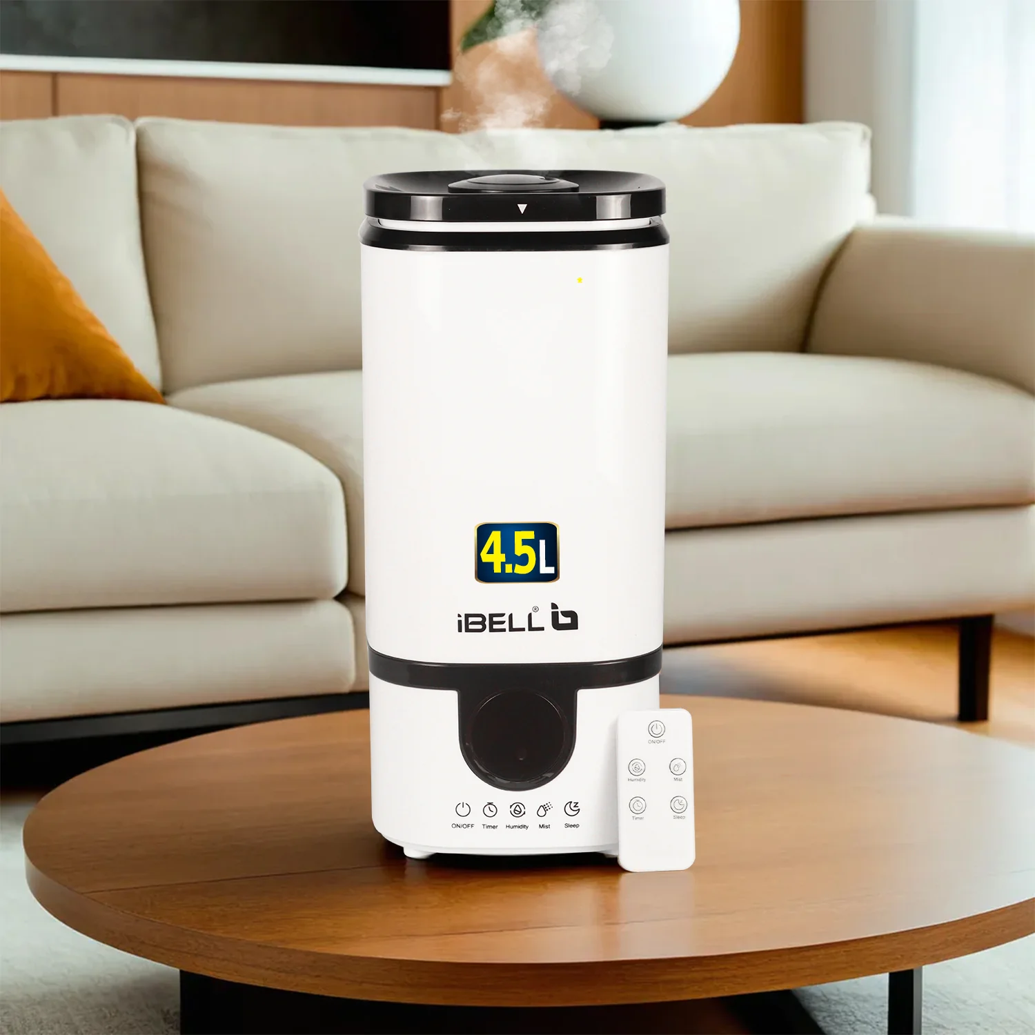 iBELL Humidifier for room with Remote, Digital display, 4.5L, Ultrasonic, Adjustable Mist Output, Super Quiet 360° Nozzle, Lasts Up To 24 Hrs, Essential Oil Diffuser, HU450RB (White) - Image 5