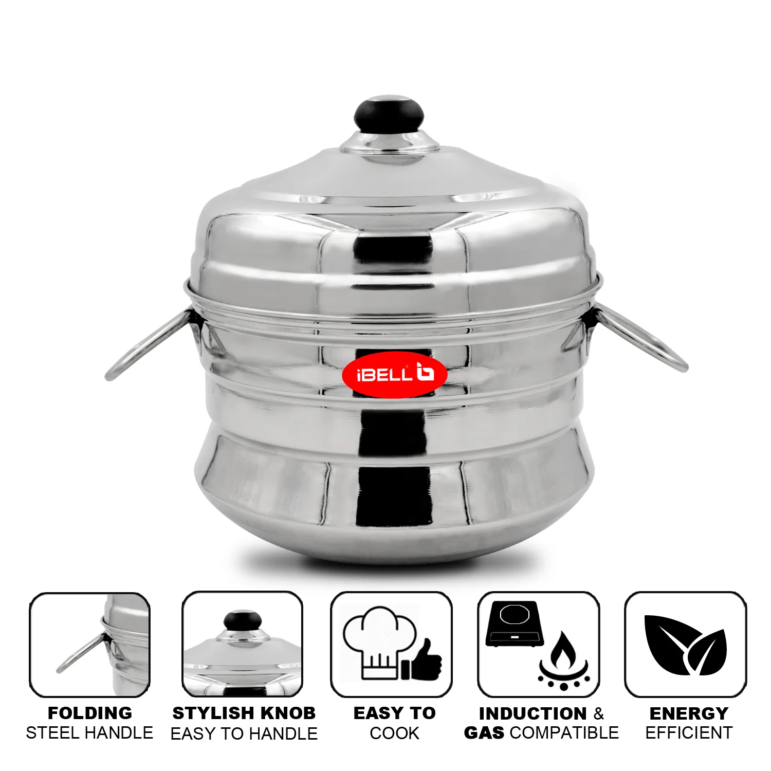 iBELL Stainless Steel Idly Pot with Steamer and Mini 3 Idli Plates (Silver) - Image 3