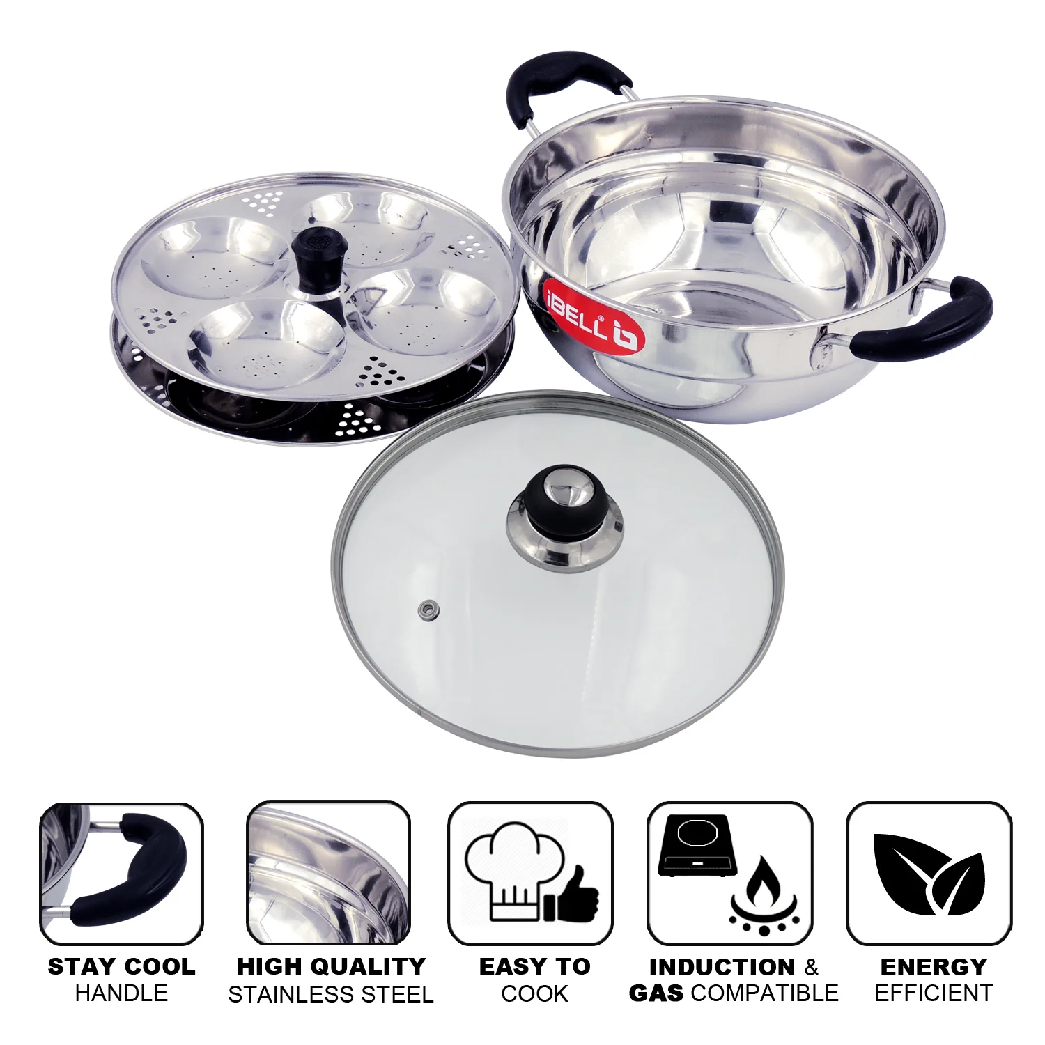 iBELL 2P08G Multi Purpose Kadai with Idli Maker Stainless Steel, 2 Plates 8 Idlies, with Glass Lid - Image 4