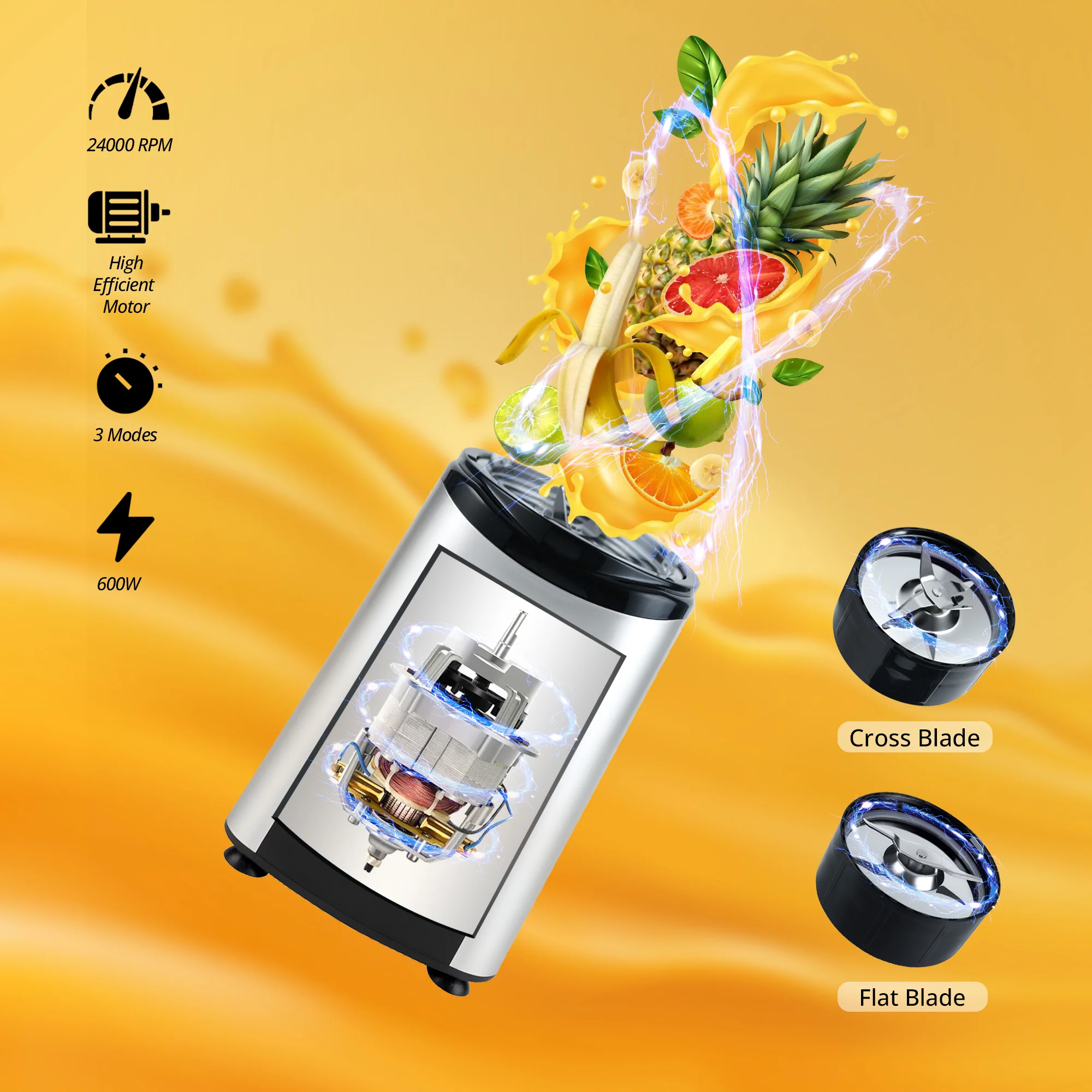 iBELL Juicer Mixer Grinder Chopper For Home, Smoothie Maker, 600W,2 Blades 3 Multipurpose Jars, 3 Modes, 100% Copper Motor, 24,000 RPM, Nutri Blender With Stainless Steel Blades (Silver) - Image 5