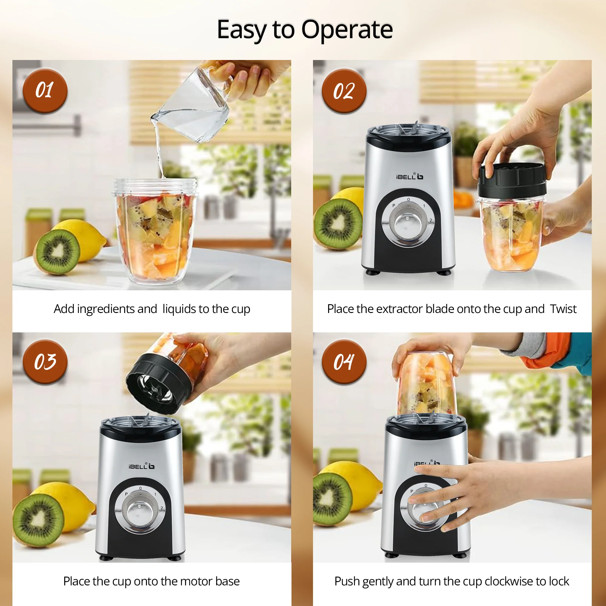 iBELL Juicer Mixer Grinder Chopper For Home, Smoothie Maker, 600W,2 Blades 3 Multipurpose Jars, 3 Modes, 100% Copper Motor, 24,000 RPM, Nutri Blender With Stainless Steel Blades (Silver) - Image 6