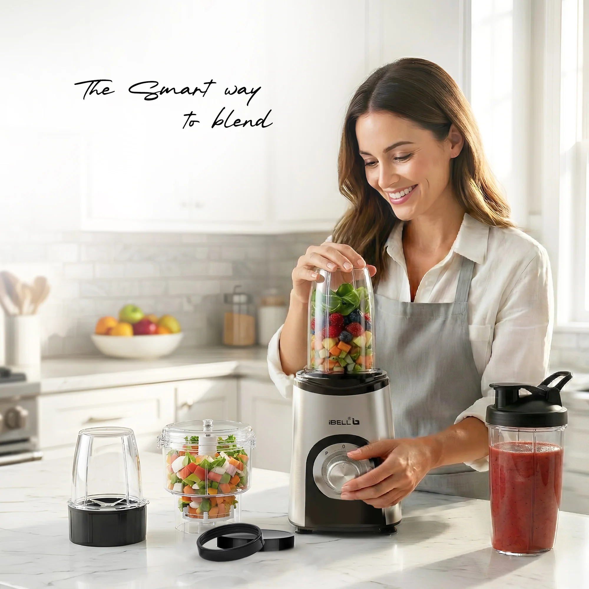 iBELL Juicer Mixer Grinder For Home, Smoothie Maker, 600W,2 Blades, 3 Modes, 3 Jars + Chopper, 100% Copper Motor, 24,000 RPM, Nutri Blender With Stainless Steel Blades (Silver) - Image 2
