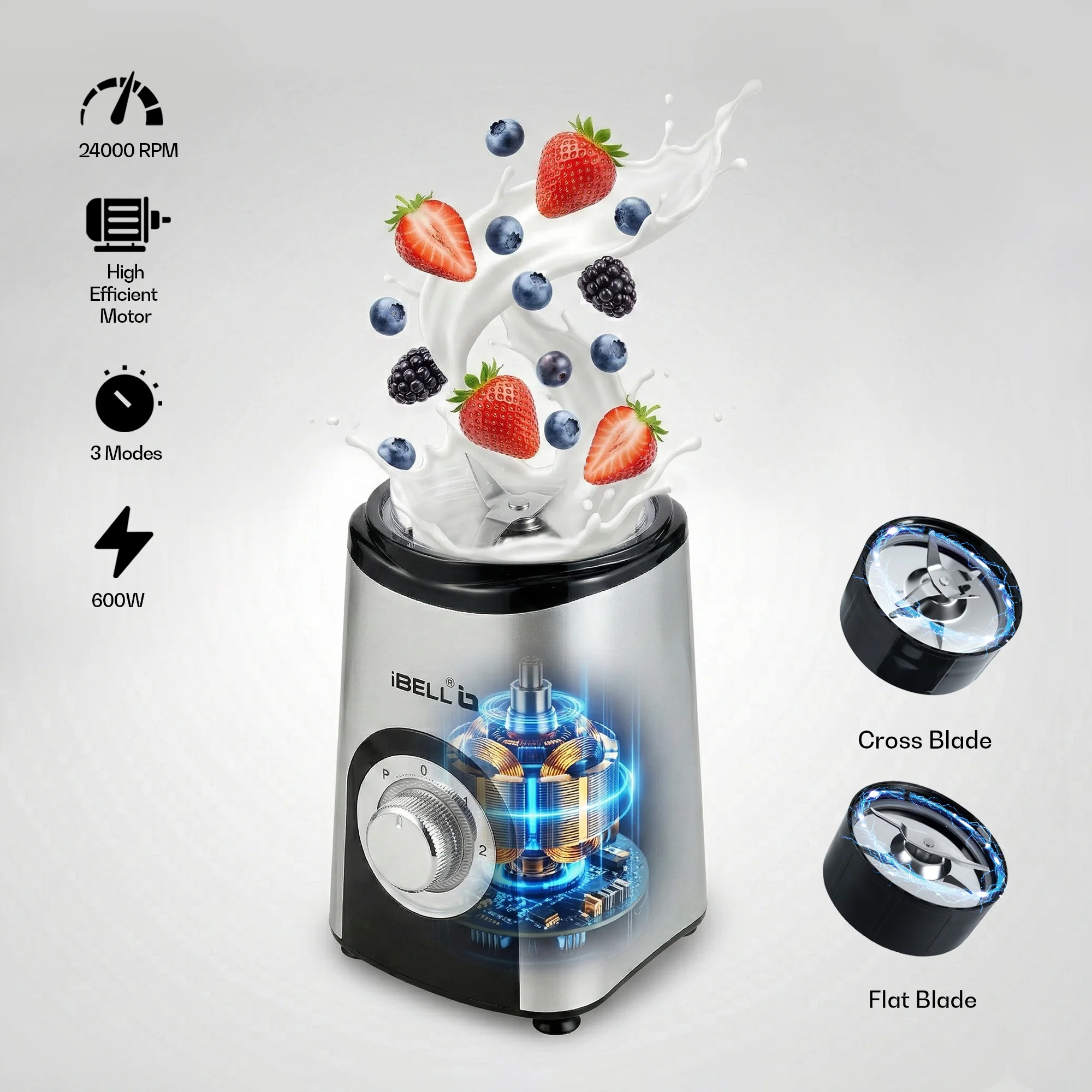 iBELL Juicer Mixer Grinder For Home, Smoothie Maker, 600W,2 Blades, 3 Modes, 3 Jars + Chopper, 100% Copper Motor, 24,000 RPM, Nutri Blender With Stainless Steel Blades (Silver) - Image 4