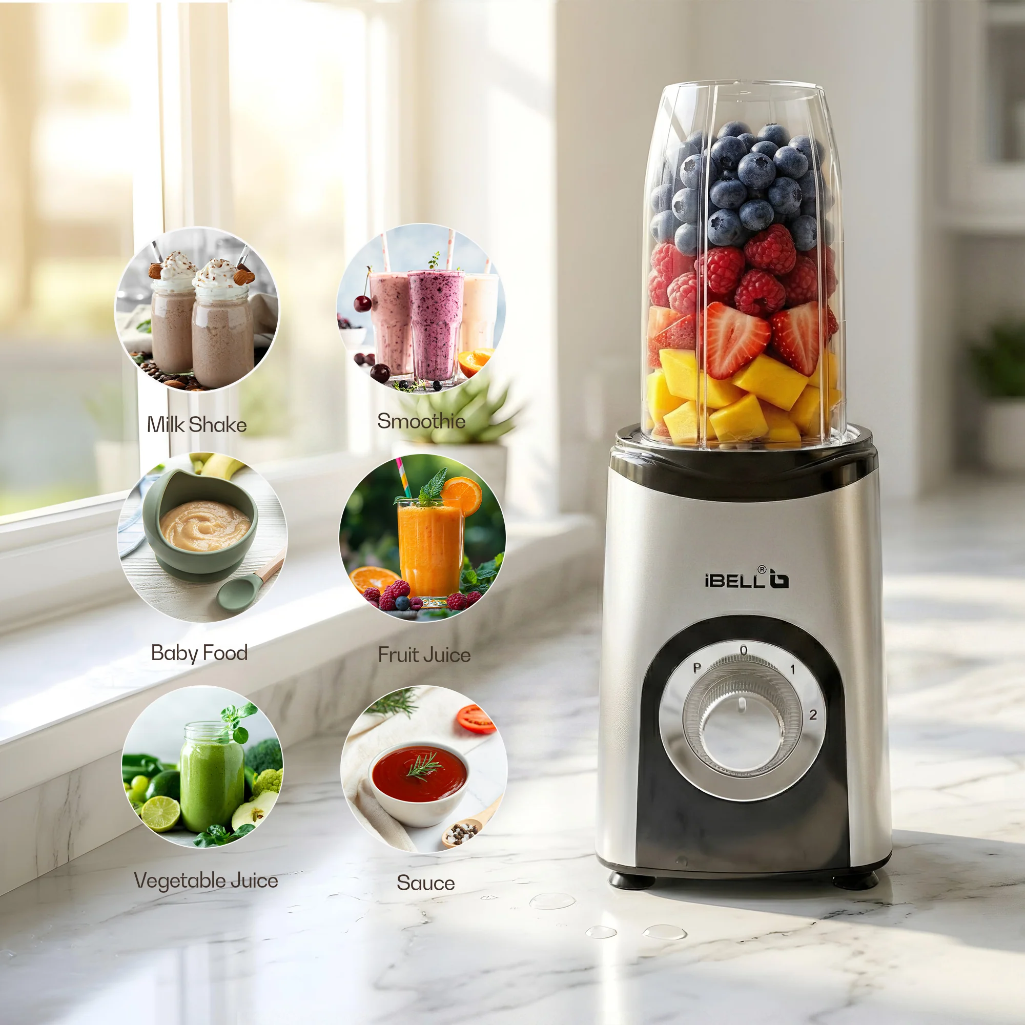 iBELL Juicer Mixer Grinder For Home, Smoothie Maker, 600W,2 Blades, 3 Modes, 3 Jars + Chopper, 100% Copper Motor, 24,000 RPM, Nutri Blender With Stainless Steel Blades (Silver) - Image 6