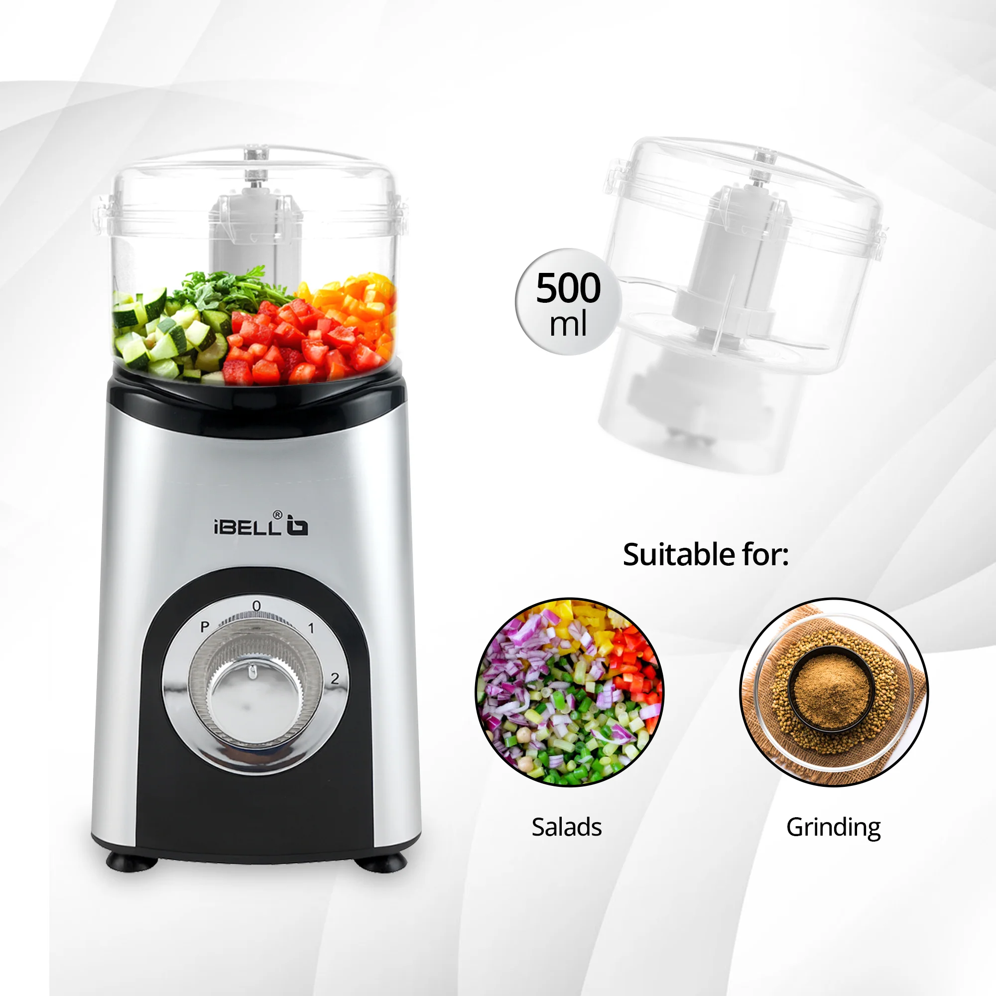 iBELL Juicer Mixer Grinder For Home, Smoothie Maker, 600W,2 Blades, 3 Modes, 5 Jars + Chopper, 100% Copper Motor, 24,000 RPM, Nutri Blender With Stainless Steel Blades (Silver) - Image 3