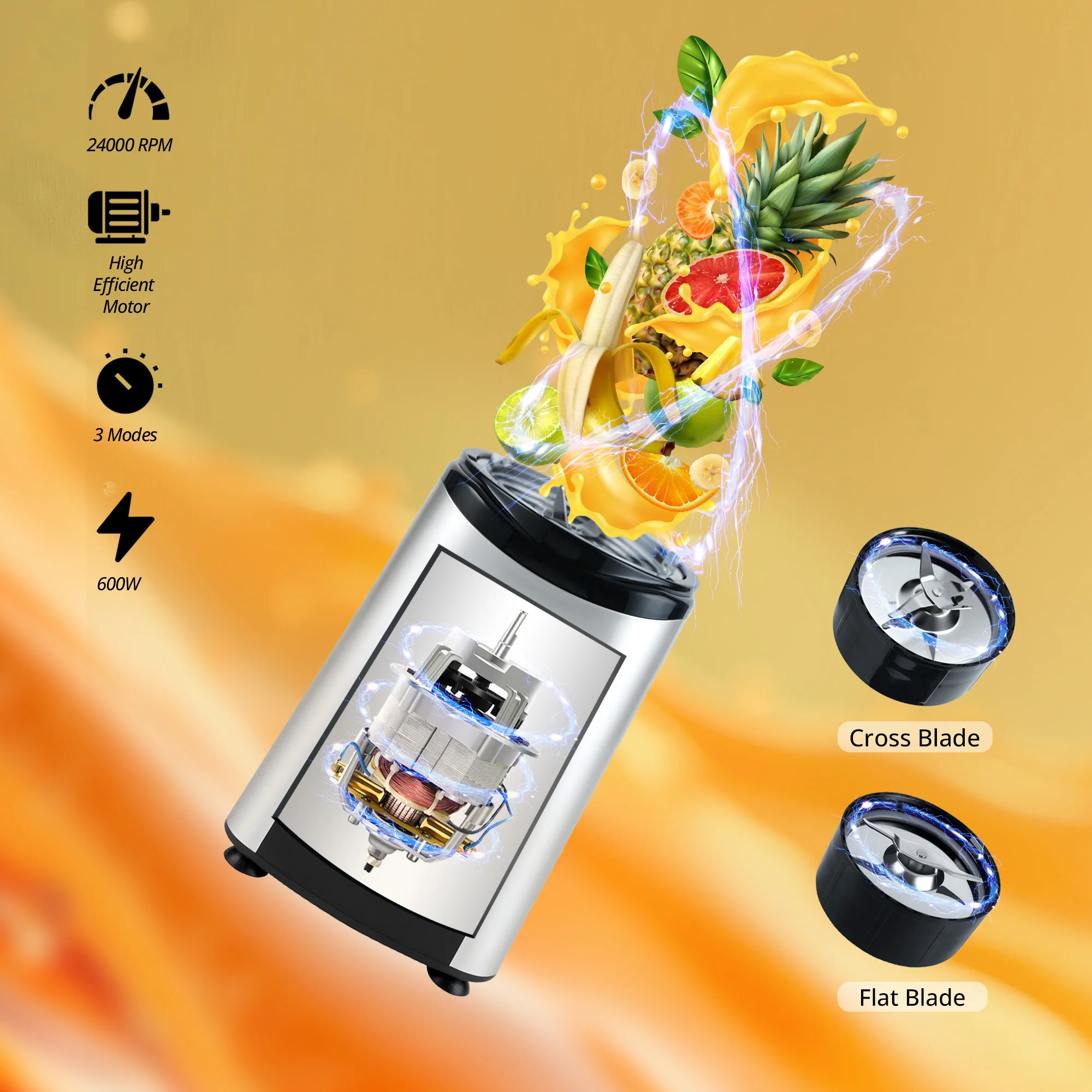 iBELL Juicer Mixer Grinder For Home, Smoothie Maker, 600W,2 Blades, 3 Modes, 5 Jars + Chopper, 100% Copper Motor, 24,000 RPM, Nutri Blender With Stainless Steel Blades (Silver) - Image 5