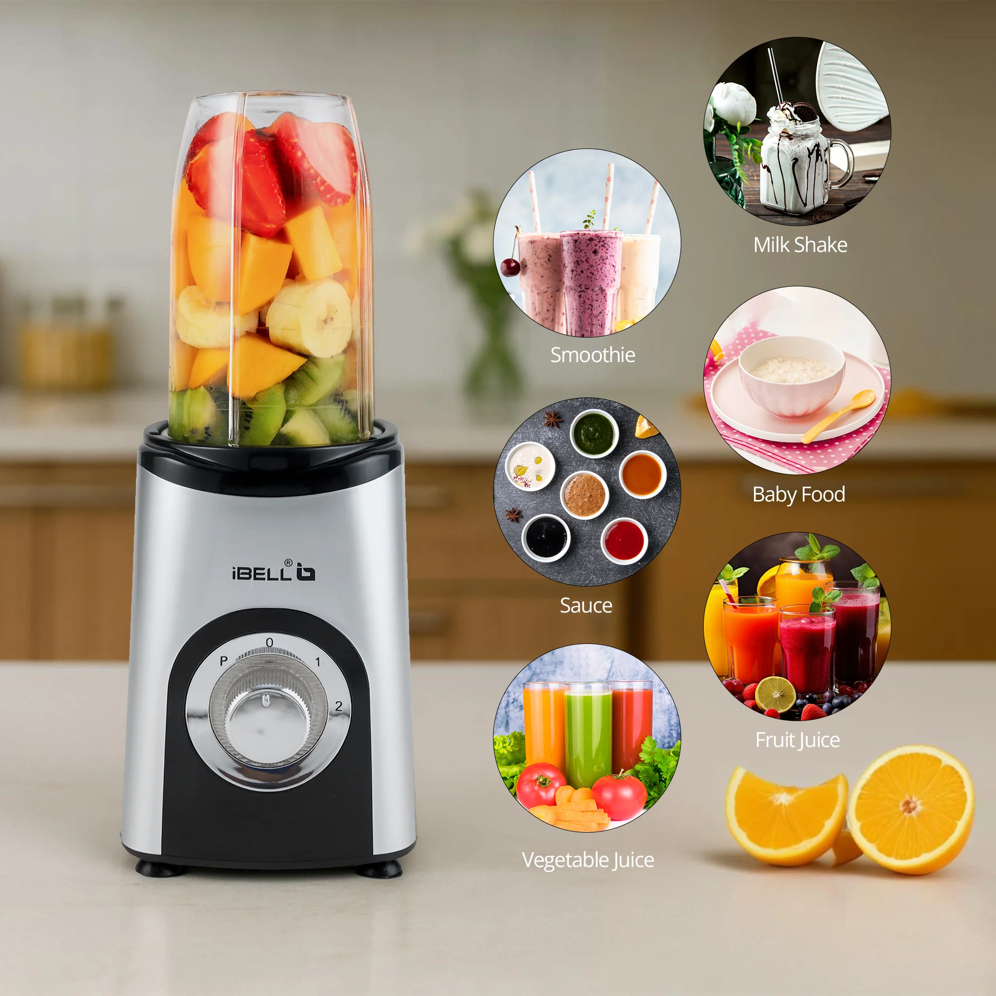 iBELL Juicer Mixer Grinder For Home, Smoothie Maker, 600W,2 Blades, 3 Modes, 5 Jars + Chopper, 100% Copper Motor, 24,000 RPM, Nutri Blender With Stainless Steel Blades (Silver) - Image 6