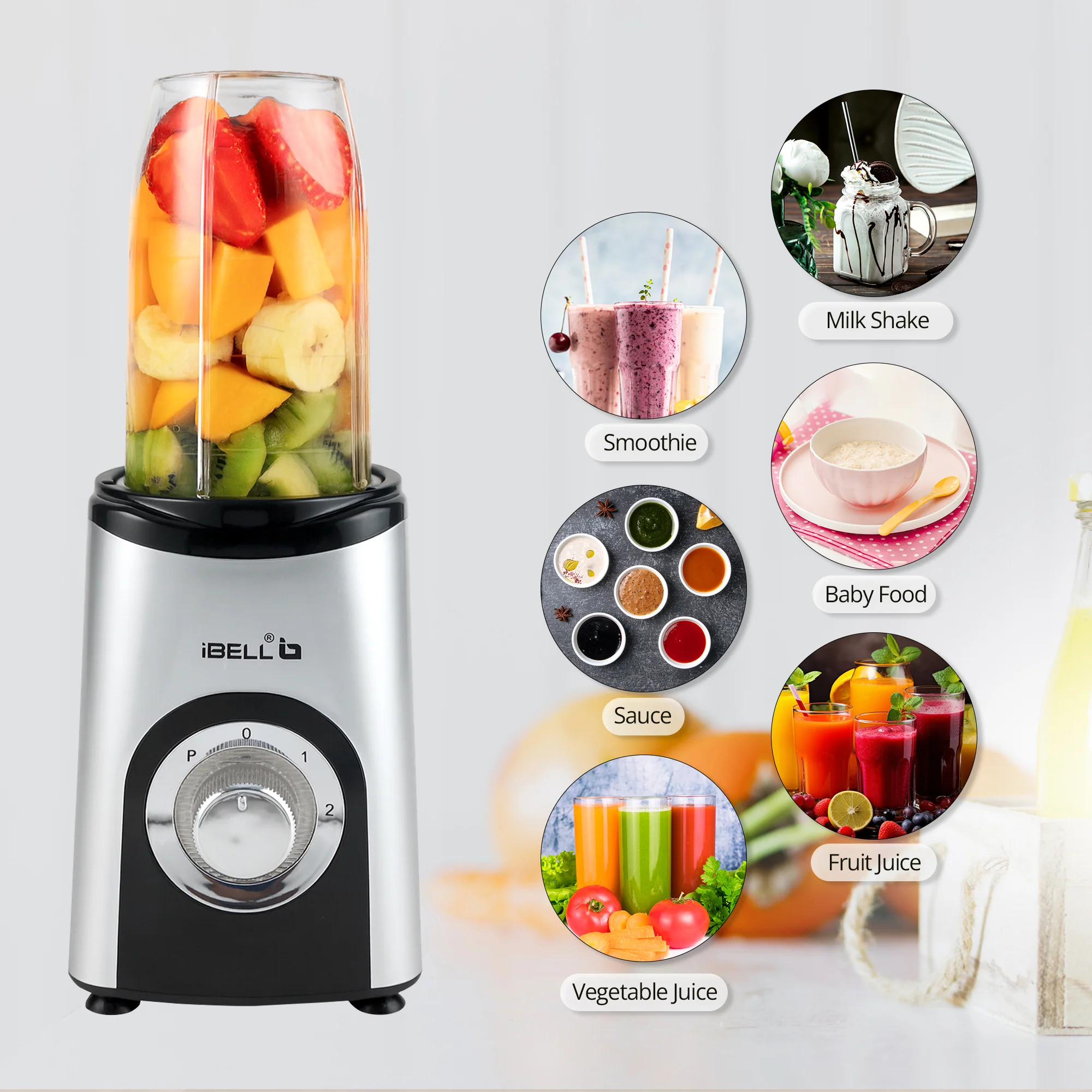 iBELL Juicer Mixer Grinder For Home, Smoothie Maker, 600W,2 Blades 3 Modes, 5 Multi-Purpose Jars, 100% Copper Motor, 24,000 RPM, Nutri Blender With Stainless Steel Blades (Silver) - Image 6
