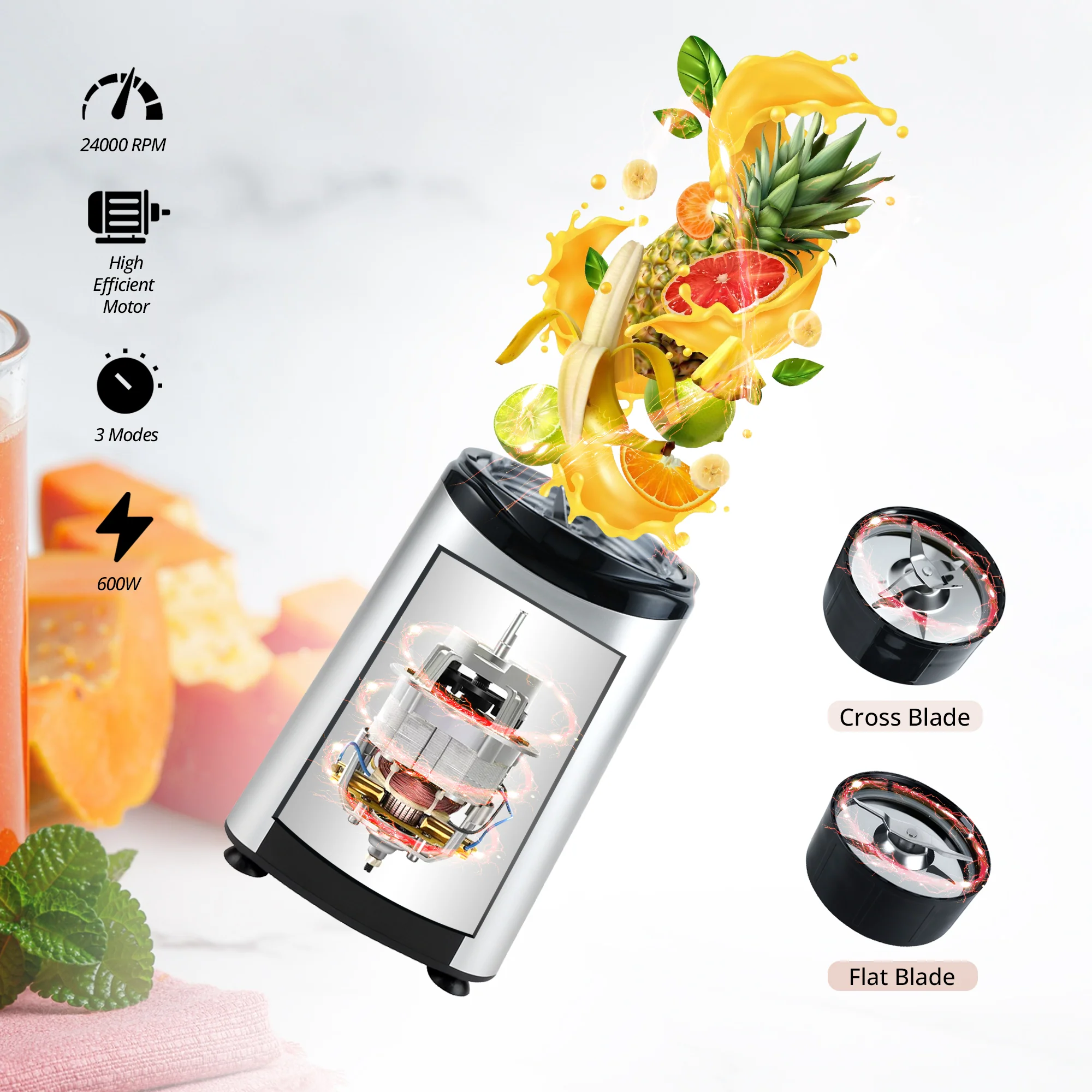 iBELL Juicer Mixer Grinder For Home, Smoothie Maker, 600W,2 Blades 3 Modes, 5 Multi-Purpose Jars, 100% Copper Motor, 24,000 RPM, Nutri Blender With Stainless Steel Blades (Silver) - Image 7