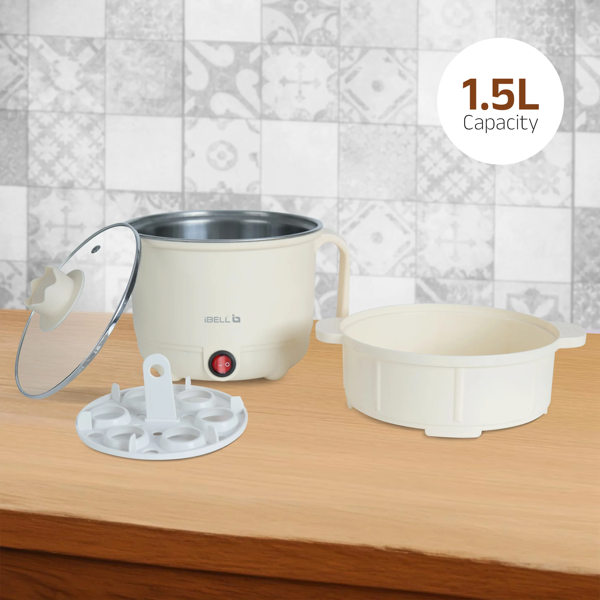 IBELL MPK150PM Multipurpose Electric Kettle, 1.5 Litre, 600W, 2 Cooking Pots & Egg Boiler, Temperature Control, For boiling Water, Egg, Stainless Steel Body (White) - Image 3