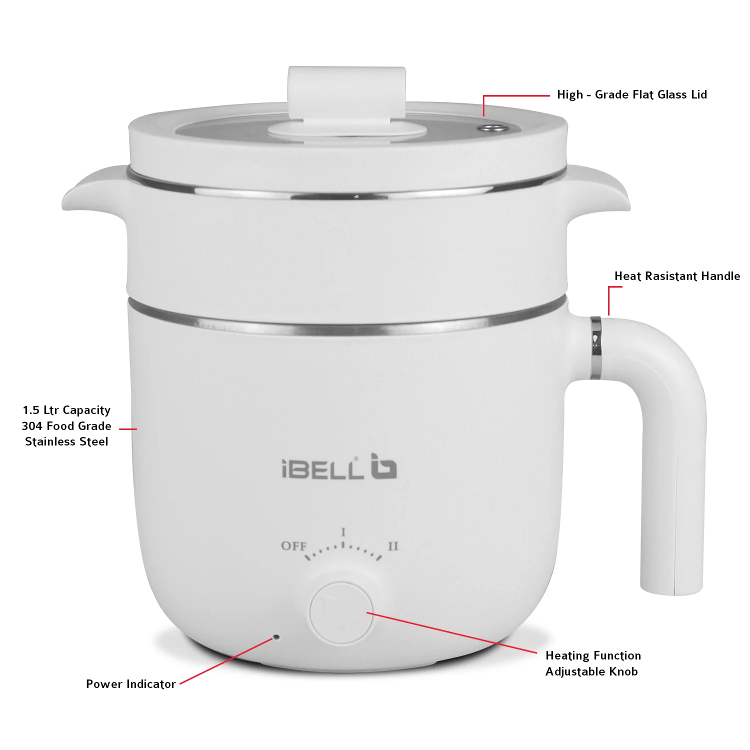 IBELL MPK15M Multipurpose Electric Kettle, 1.5 Litre, 800W, 2 Cooking Pots & Egg Boiler, Temperature Control, For boiling Water, Egg, Stainless Steel Body (White) - Image 6