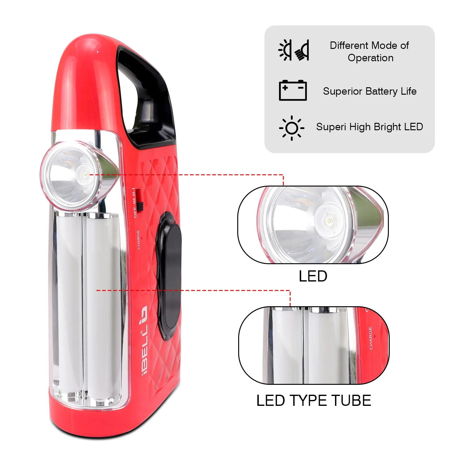 IBELL El8428Sl 2-in-1 Emergency Light, High Lumen Rechargeable with Flashlight/Torch, 15W Led Hand Lamp, 3 Light Modes (Red) - Image 7