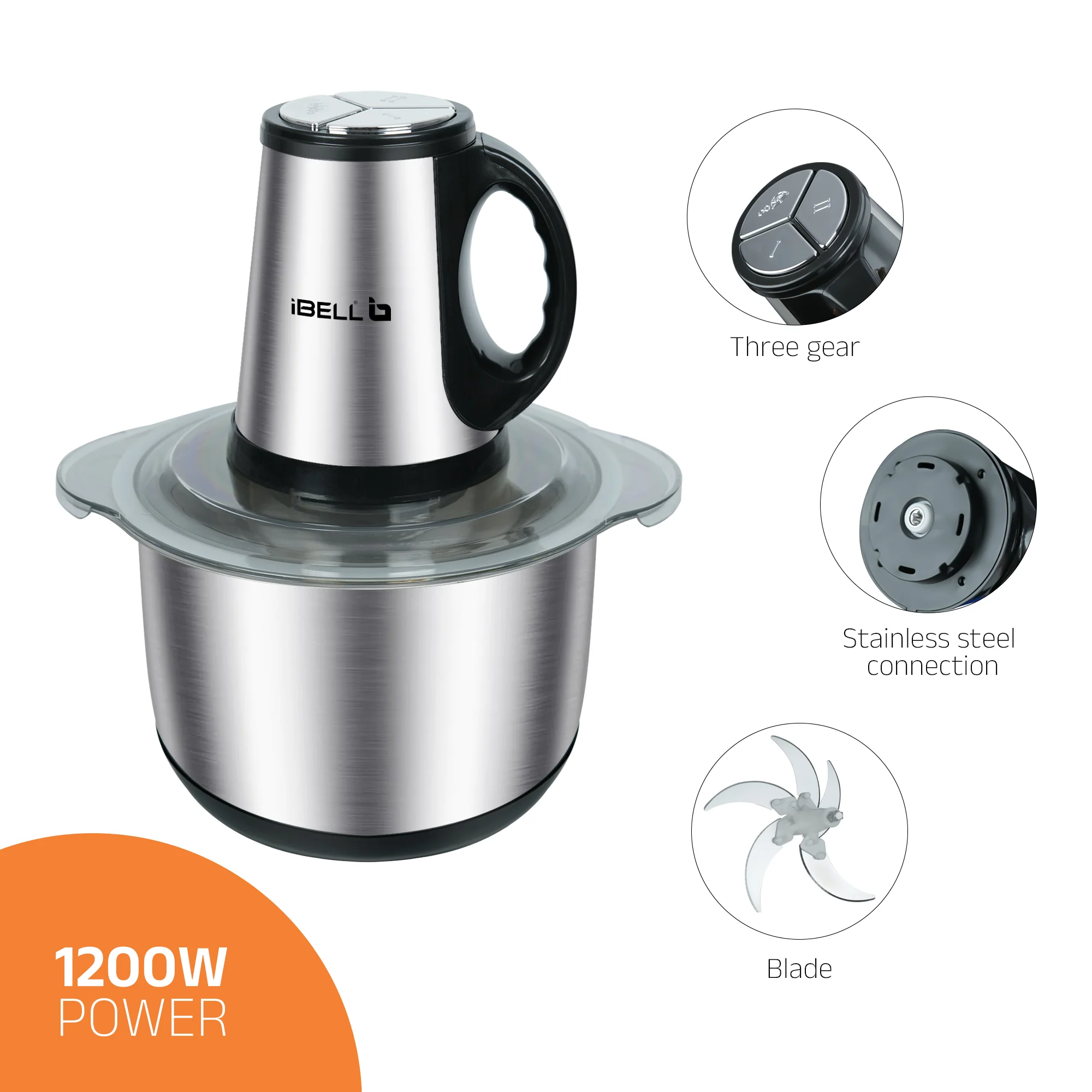 IBELL Electric Chopper, Large Size (5L) for Kitchen Use, 1200W, Stainless Steel Blade, Multi Purpose for Cutting, Slicing Meat, Vegetables, Nuts & Fruits, MT500SM (Silver) - Image 3