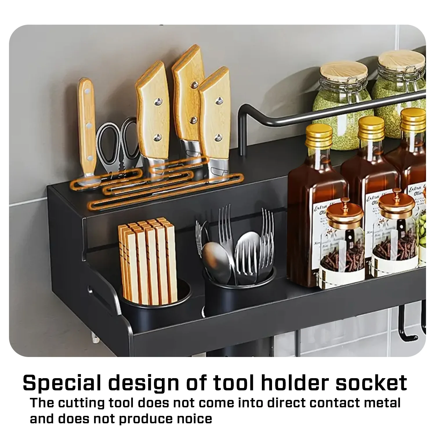 iBELL Multifunctional Wall-Mounted Kitchen Storage Organizer Rack with Spice Shelf, Utensil Hooks & Holder - IBLCH260 - Image 5