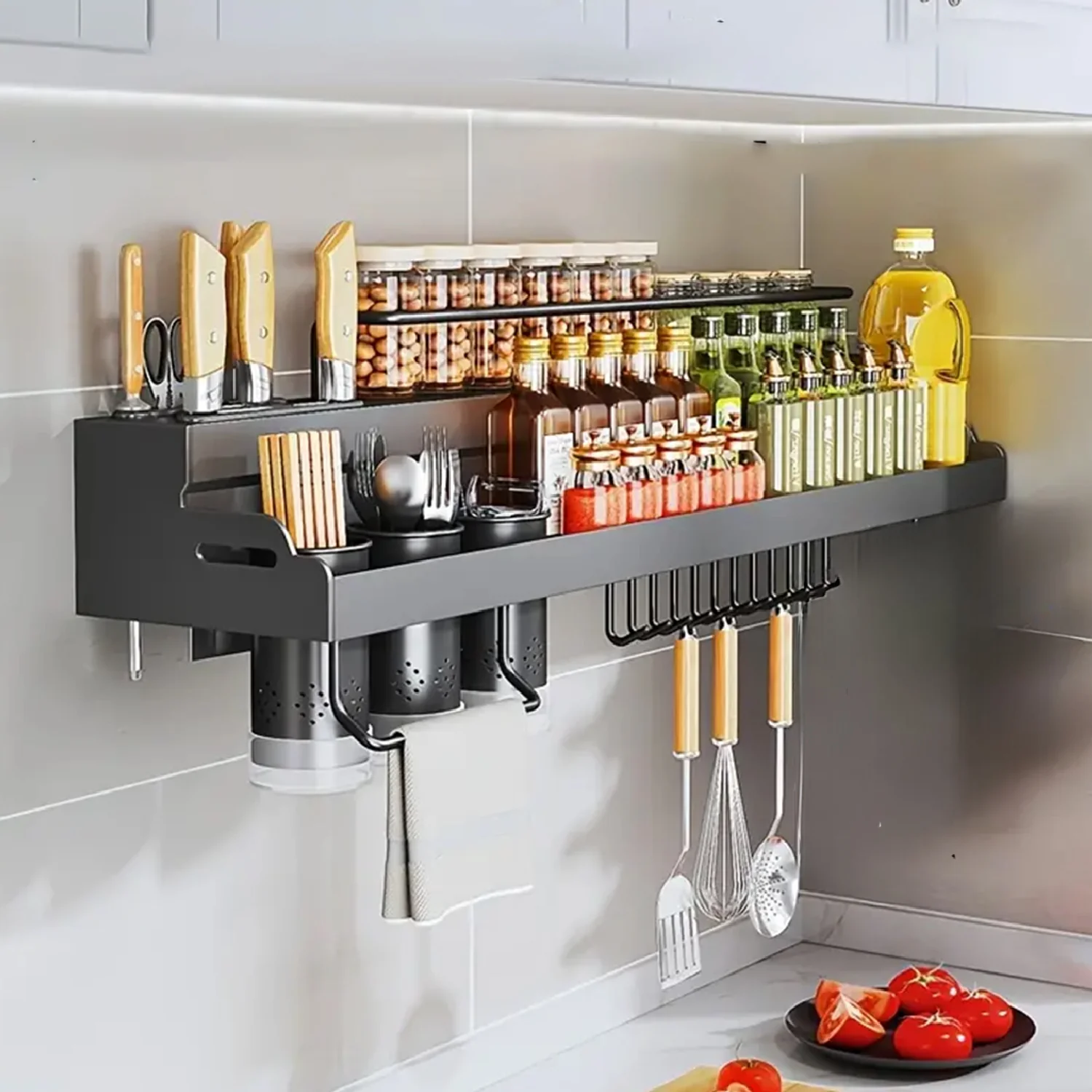 iBELL Multifunctional Wall-Mounted Kitchen Storage Organizer Rack with Spice Shelf, Utensil Hooks & Holder - (IBLDH280) - Image 4