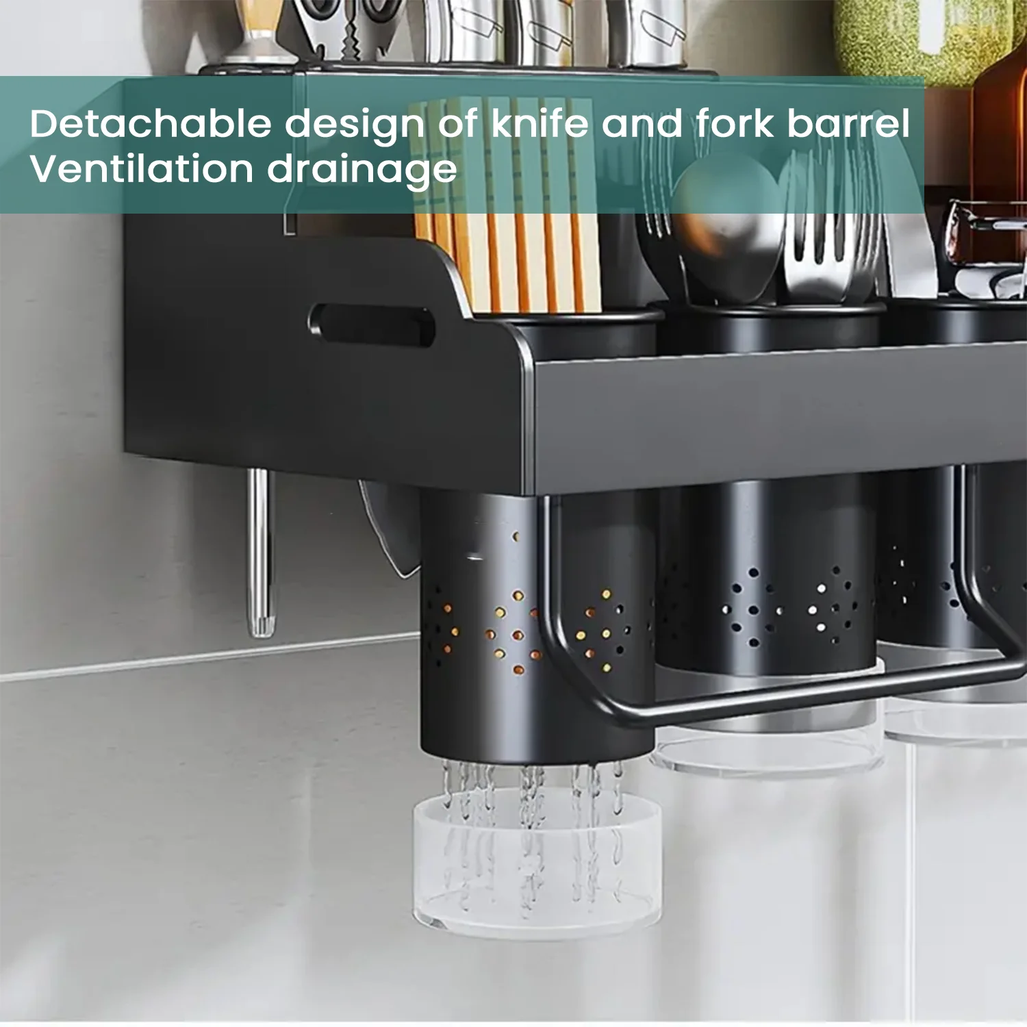 iBELL Multifunctional Wall-Mounted Kitchen Storage Organizer Rack with Spice Shelf, Utensil Hooks & Holder - (IBLDH280) - Image 5