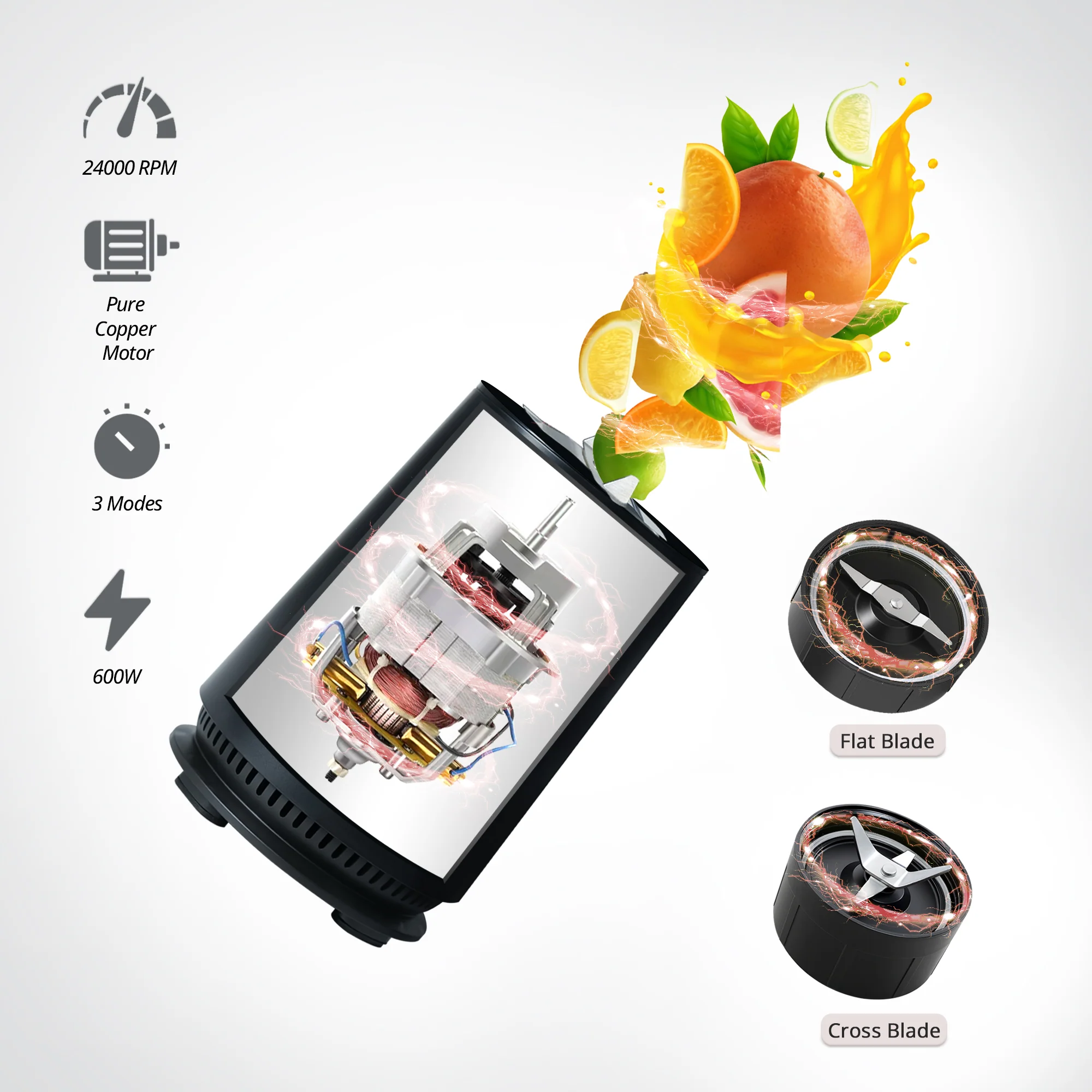 iBELL NUTRIMAX500X Nutri Blender - Smoothie Maker with 5 Jars, 2 Blades, 2 Year Warranty, 3 Modes, 600 Watts, 24000RPM, 100% Copper Motor with 5 Jars and SS Blades (Black) - Image 6