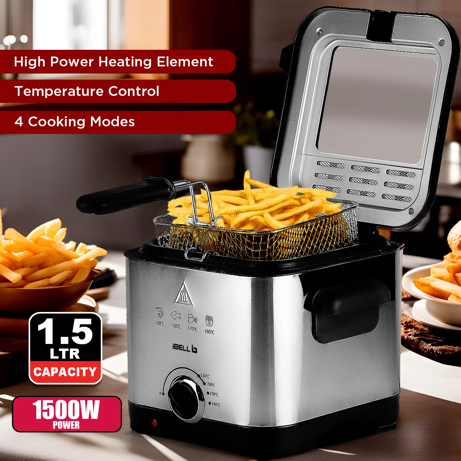 IBELL 1.5L Electric Deep Fryer Machine for Home 1500W, Transparent Lid, low oil consumption, Stainless Steel, Temperature Control (Silver) - Image 5