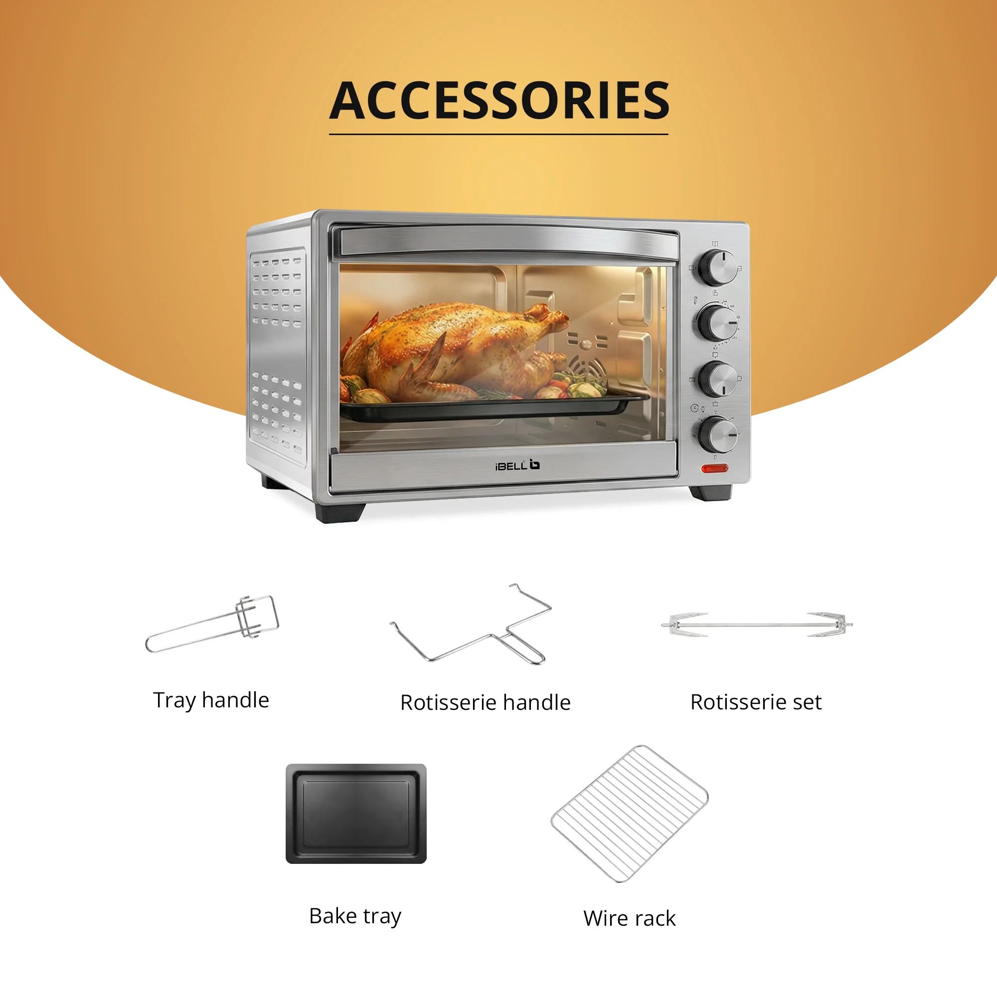 IBELL Oven Toaster Grill OTG, 30 Litre, Stainless Steel Body, Convection Fan, Rotisserie, Adjustable Temperature & Timer, SS30LGDLX (Sliver) - Image 3