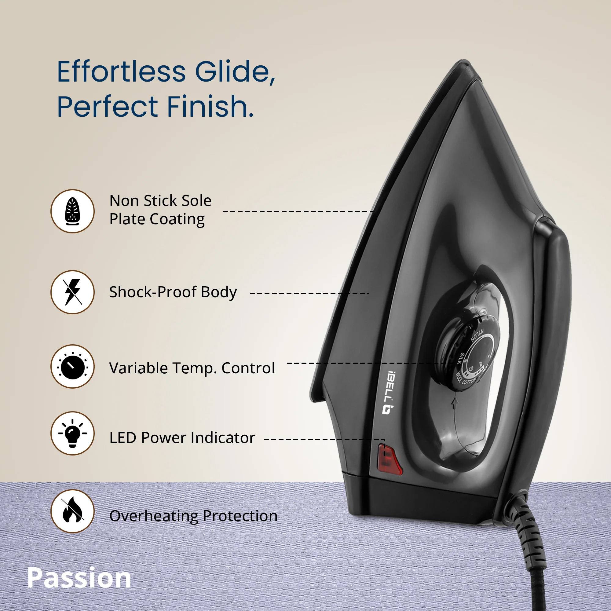 IBELL PASSION 1000W Iron Box with 3 Years Warranty, Non-Stick Soleplate Dry Iron, Shock-Proof Body, Variable Temperature Control, Overheating Protection (Black) - Image 4