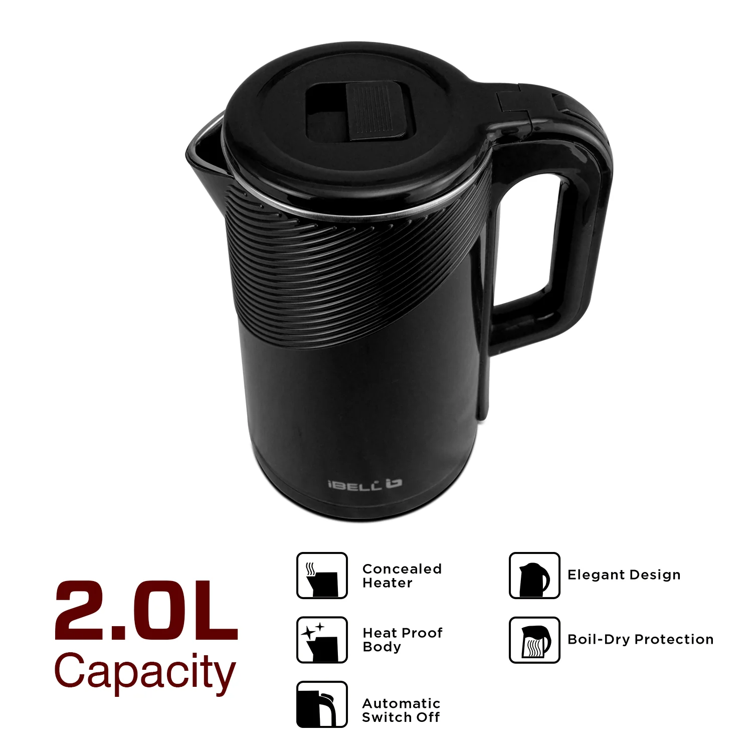 iBELL Pek20Bkplus Premium Stainless Steel Electric Kettle, 2.0 Litre, Auto Cut-Off Feature, 360 Degree Rotating Base, Shock Proof Insulated Body (Black, 1600 Watts, 2 L) - Image 5