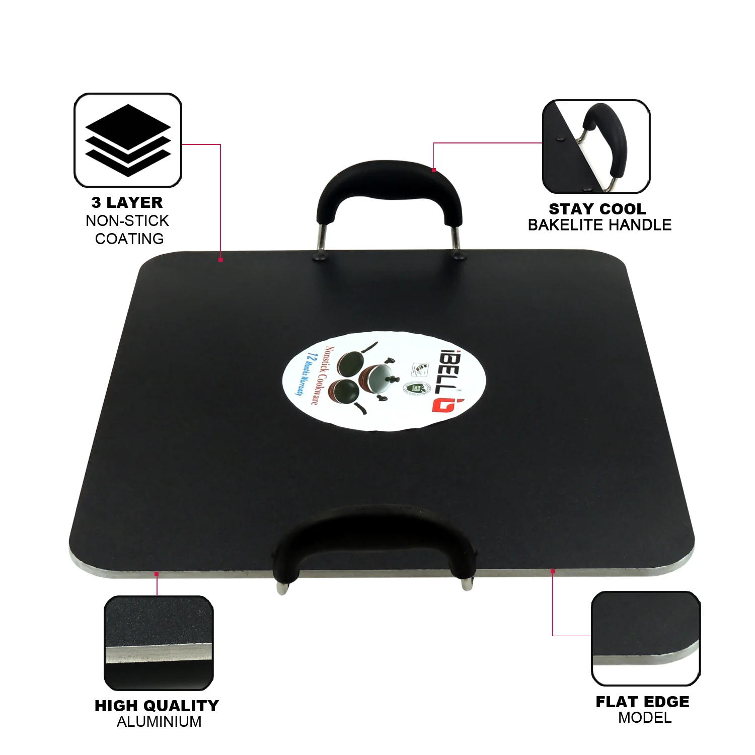 IBELL PT3833 Non Stick Tawa, Dosa Roti Chapati Pathiri Tawa, Large Rectangular Aluminium Body, 38cm x 33cm with 5mm Thickness (Black) - Image 3