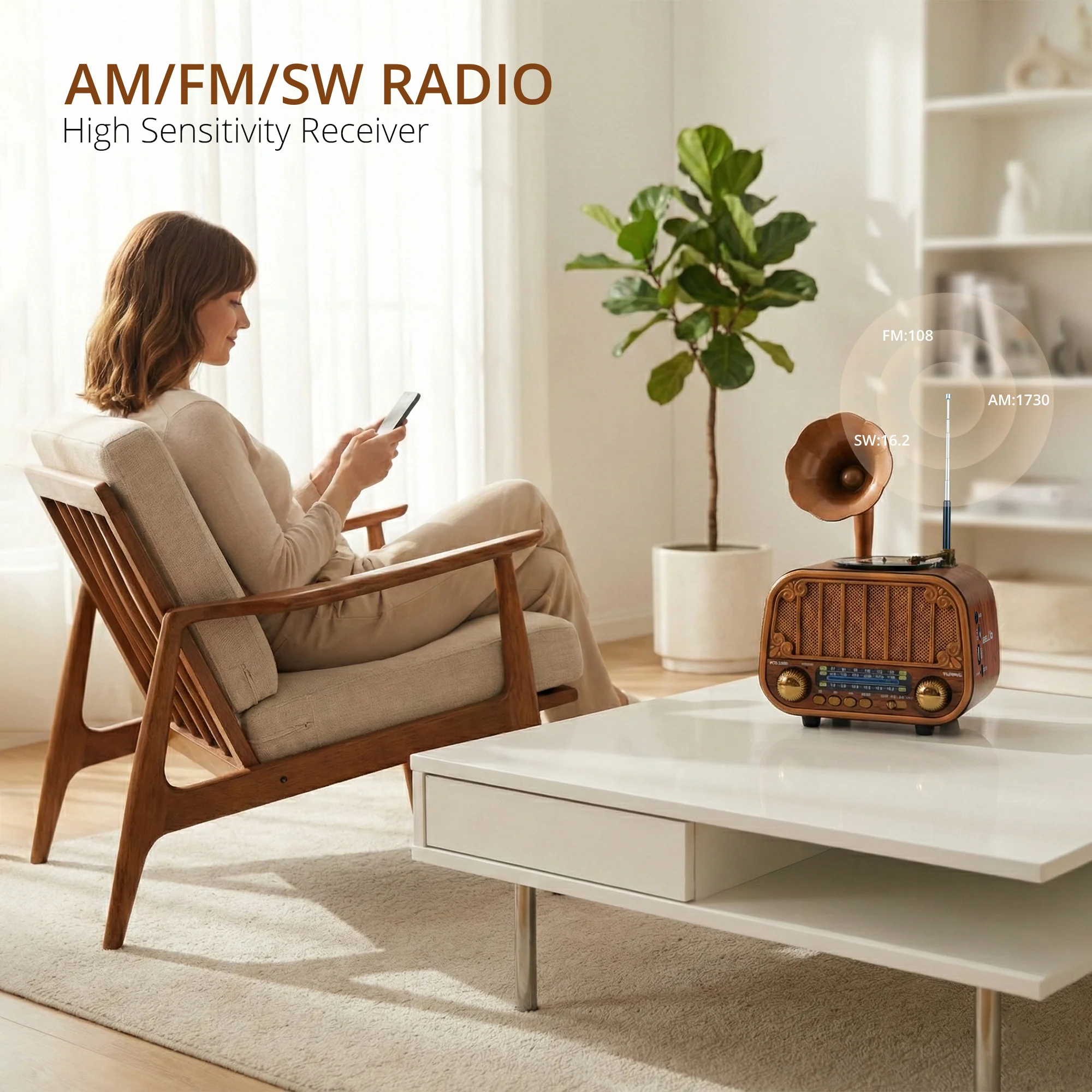 iBELL Rhythm 540 Vintage Bluetooth Speaker with AM/FM/SW Radio | 3 Band Portable Retro Radio | USB Port & TF Card Slot | MP3 Playback | 5V DC Powered Wireless Music System (Wood Finish) - Image 2
