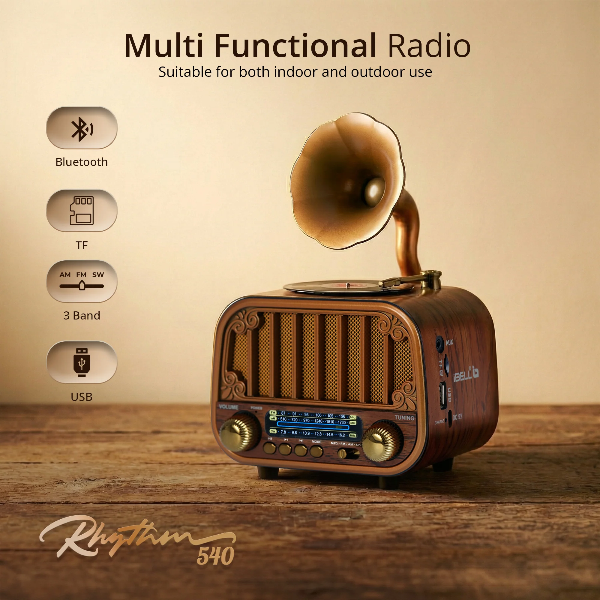 iBELL Rhythm 540 Vintage Bluetooth Speaker with AM/FM/SW Radio | 3 Band Portable Retro Radio | USB Port & TF Card Slot | MP3 Playback | 5V DC Powered Wireless Music System (Wood Finish) - Image 4