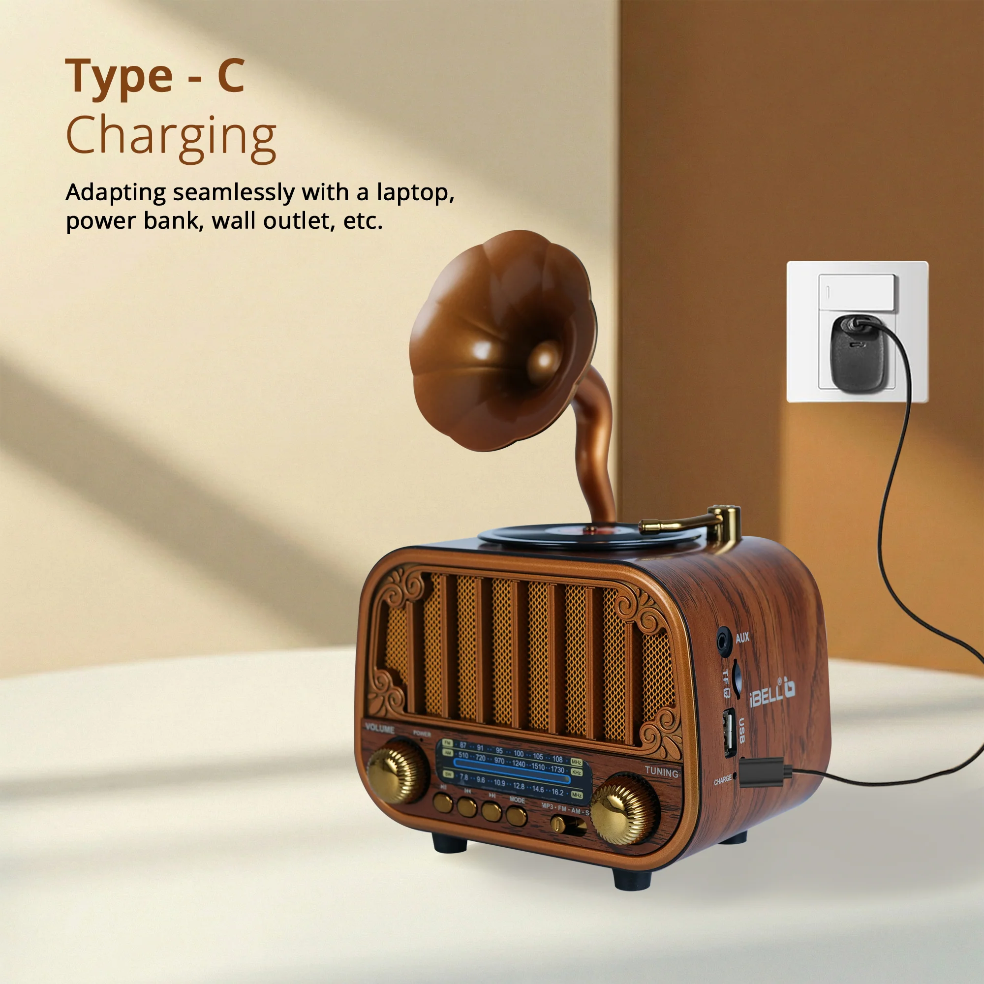 iBELL Rhythm 540 Vintage Bluetooth Speaker with AM/FM/SW Radio | 3 Band Portable Retro Radio | USB Port & TF Card Slot | MP3 Playback | 5V DC Powered Wireless Music System (Wood Finish) - Image 5