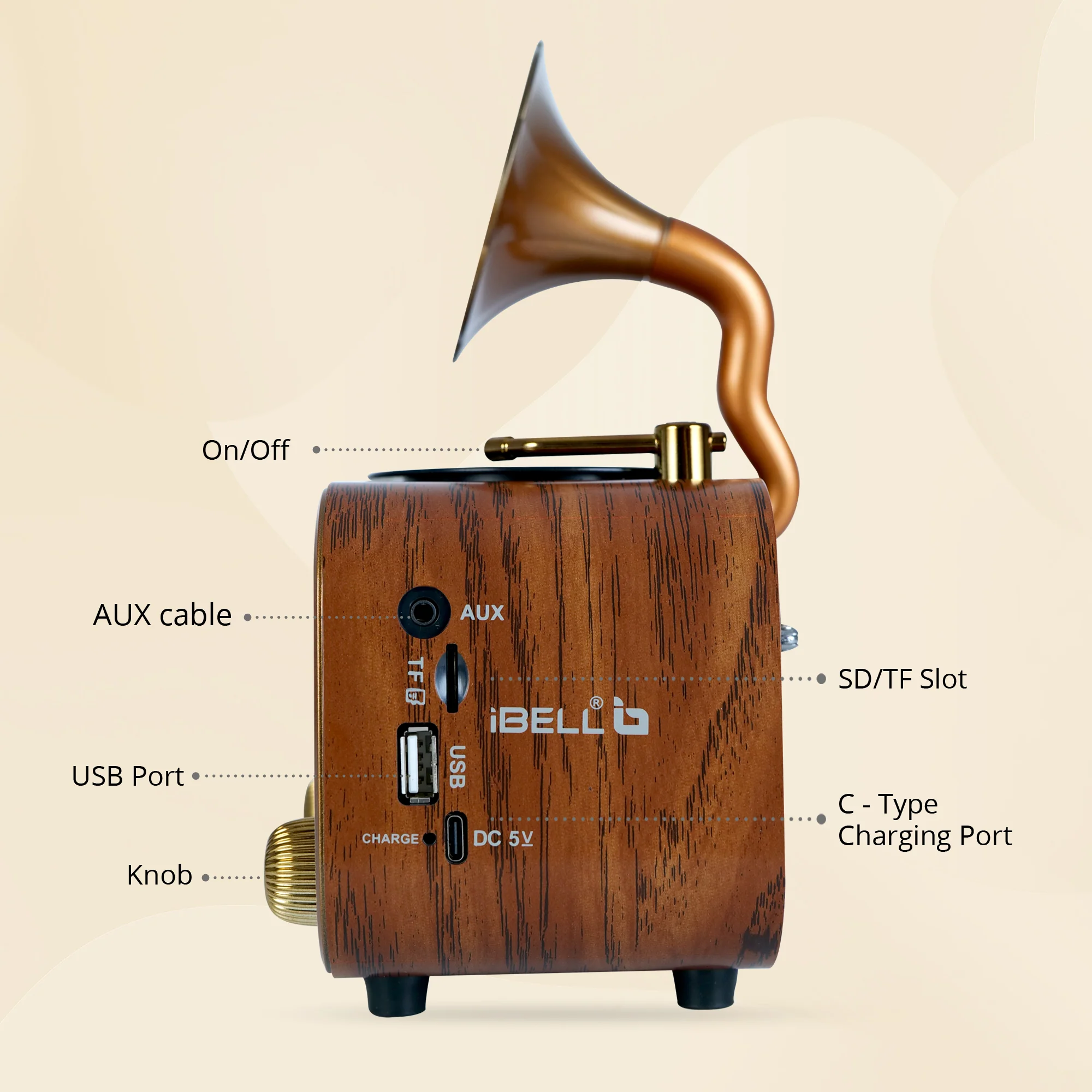 iBELL Rhythm 540 Vintage Bluetooth Speaker with AM/FM/SW Radio | 3 Band Portable Retro Radio | USB Port & TF Card Slot | MP3 Playback | 5V DC Powered Wireless Music System (Wood Finish) - Image 6