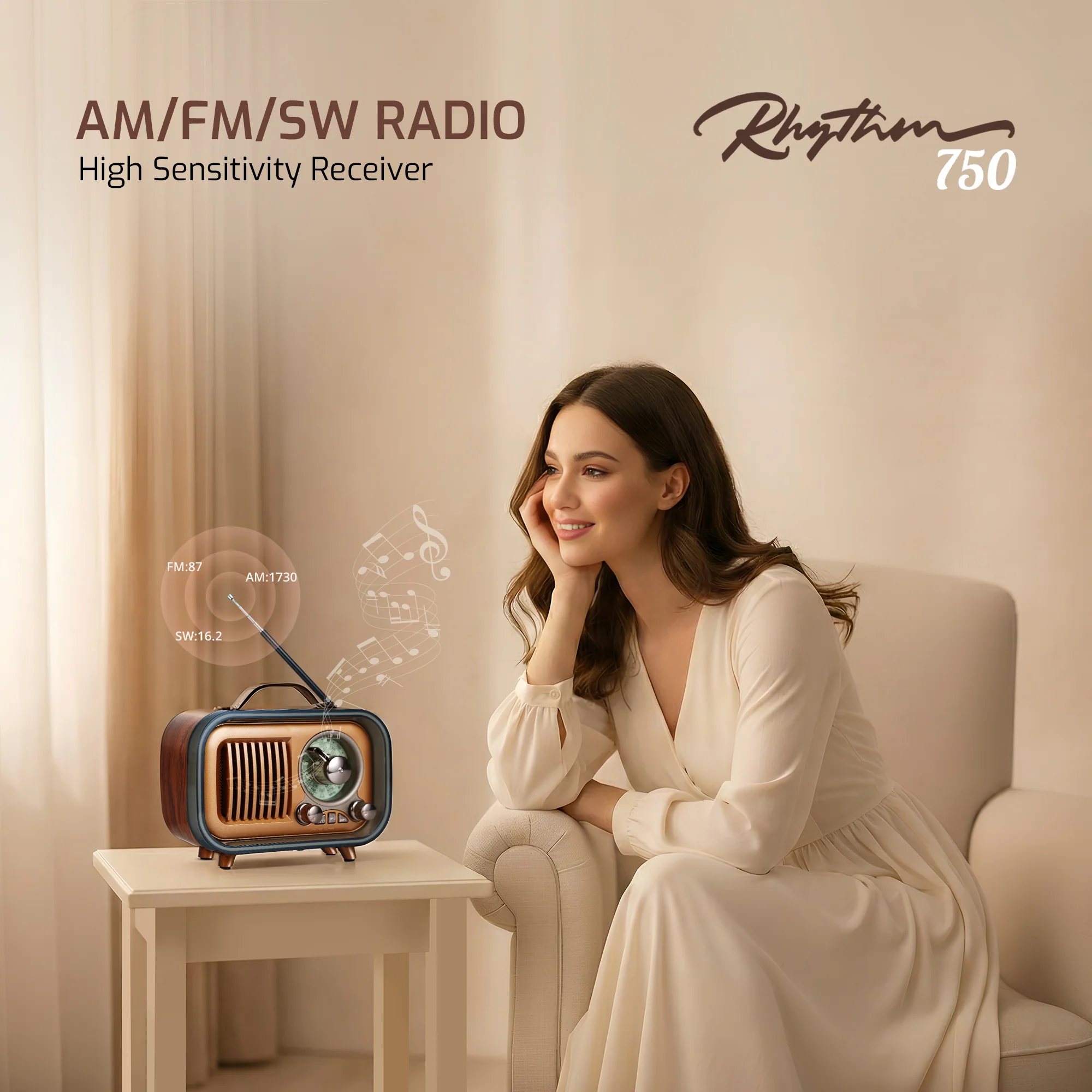 IBELL Rhythm 750 Retro Bluetooth Speaker with 3 Band AM/FM/SW Radio, AUX Input, USB & TF Card Slot, Telescopic Antenna, Dynamic Light, Portable Wireless Music System, DC 5V Power (Wood Finish) - Image 2