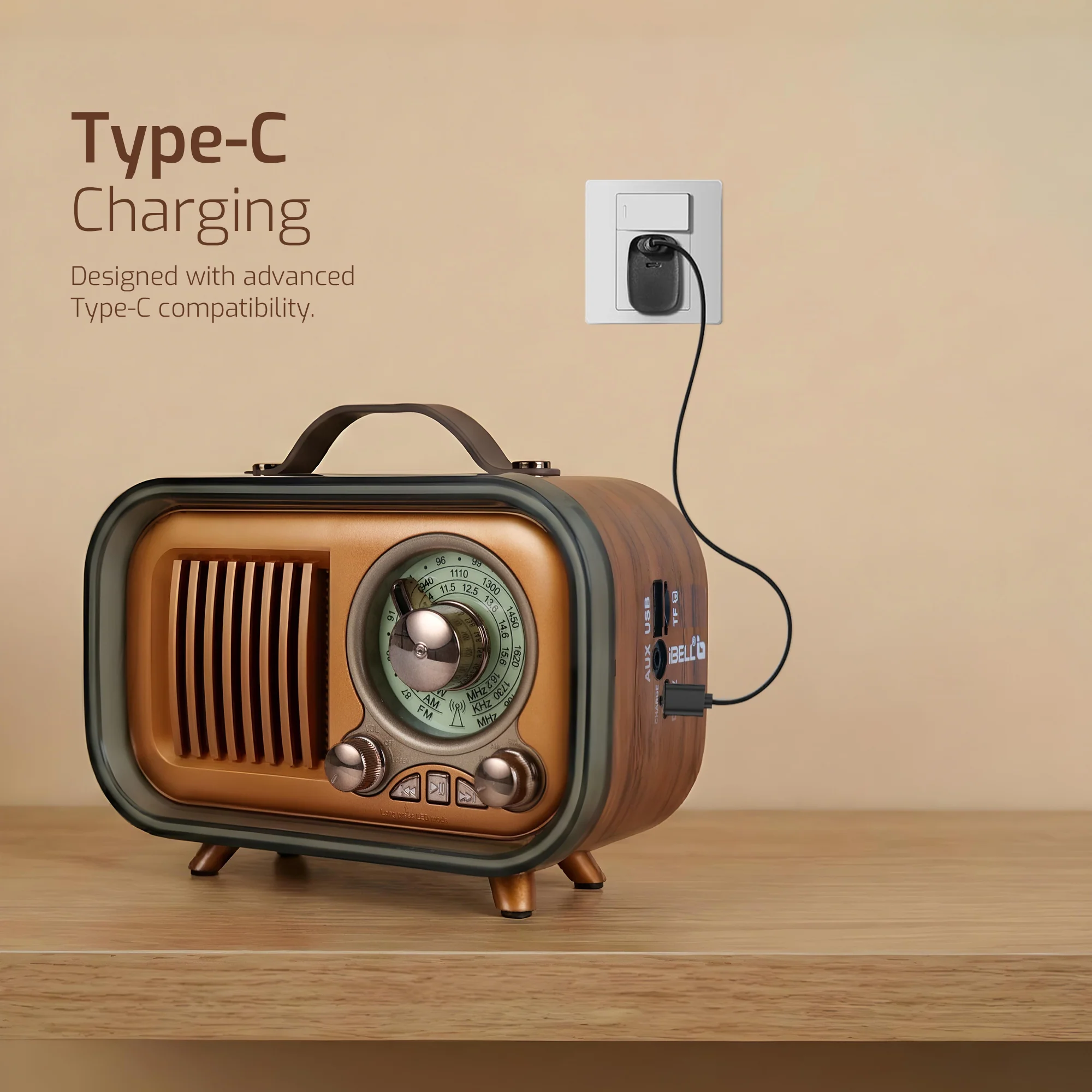 IBELL Rhythm 750 Retro Bluetooth Speaker with 3 Band AM/FM/SW Radio, AUX Input, USB & TF Card Slot, Telescopic Antenna, Dynamic Light, Portable Wireless Music System, DC 5V Power (Wood Finish) - Image 3