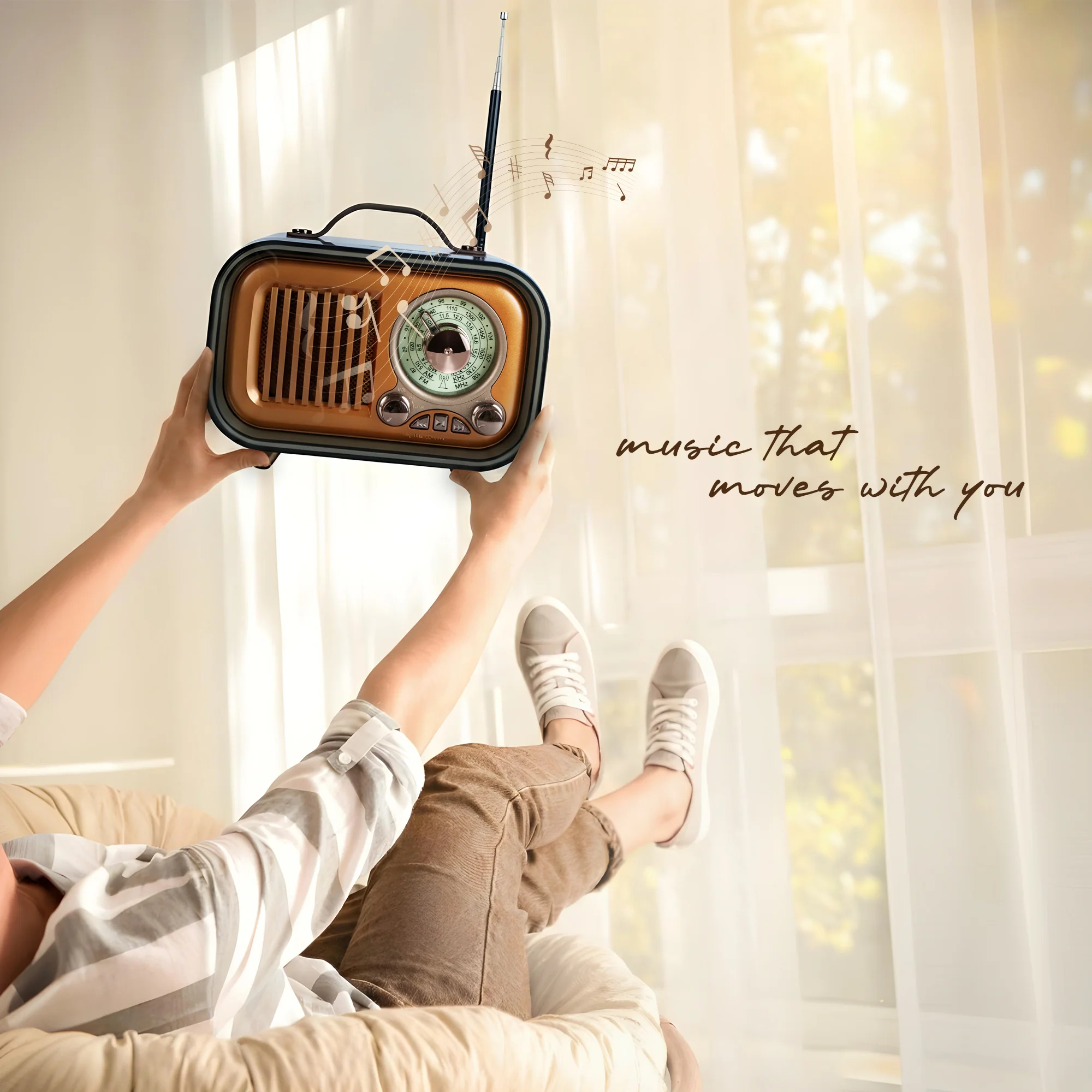 IBELL Rhythm 750 Retro Bluetooth Speaker with 3 Band AM/FM/SW Radio, AUX Input, USB & TF Card Slot, Telescopic Antenna, Dynamic Light, Portable Wireless Music System, DC 5V Power (Wood Finish) - Image 5