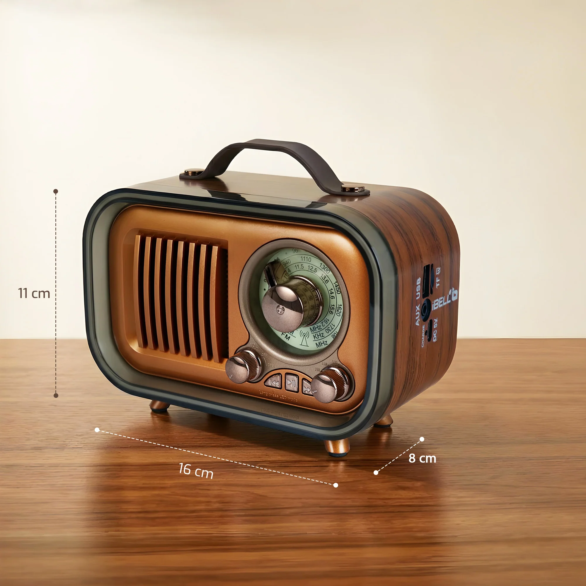 IBELL Rhythm 750 Retro Bluetooth Speaker with 3 Band AM/FM/SW Radio, AUX Input, USB & TF Card Slot, Telescopic Antenna, Dynamic Light, Portable Wireless Music System, DC 5V Power (Wood Finish) - Image 6