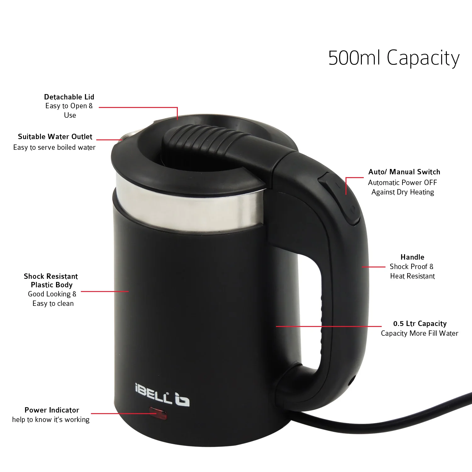 iBELL Sek105Bl Electric Kettle 500 Ml With Removable Lid,950 Watt,Auto Cut Off Function,Stainless Steel With Insulation,2 Glasses Free,Double Wall Kettle (Black),950 Watts,0.5 Liter - Image 4