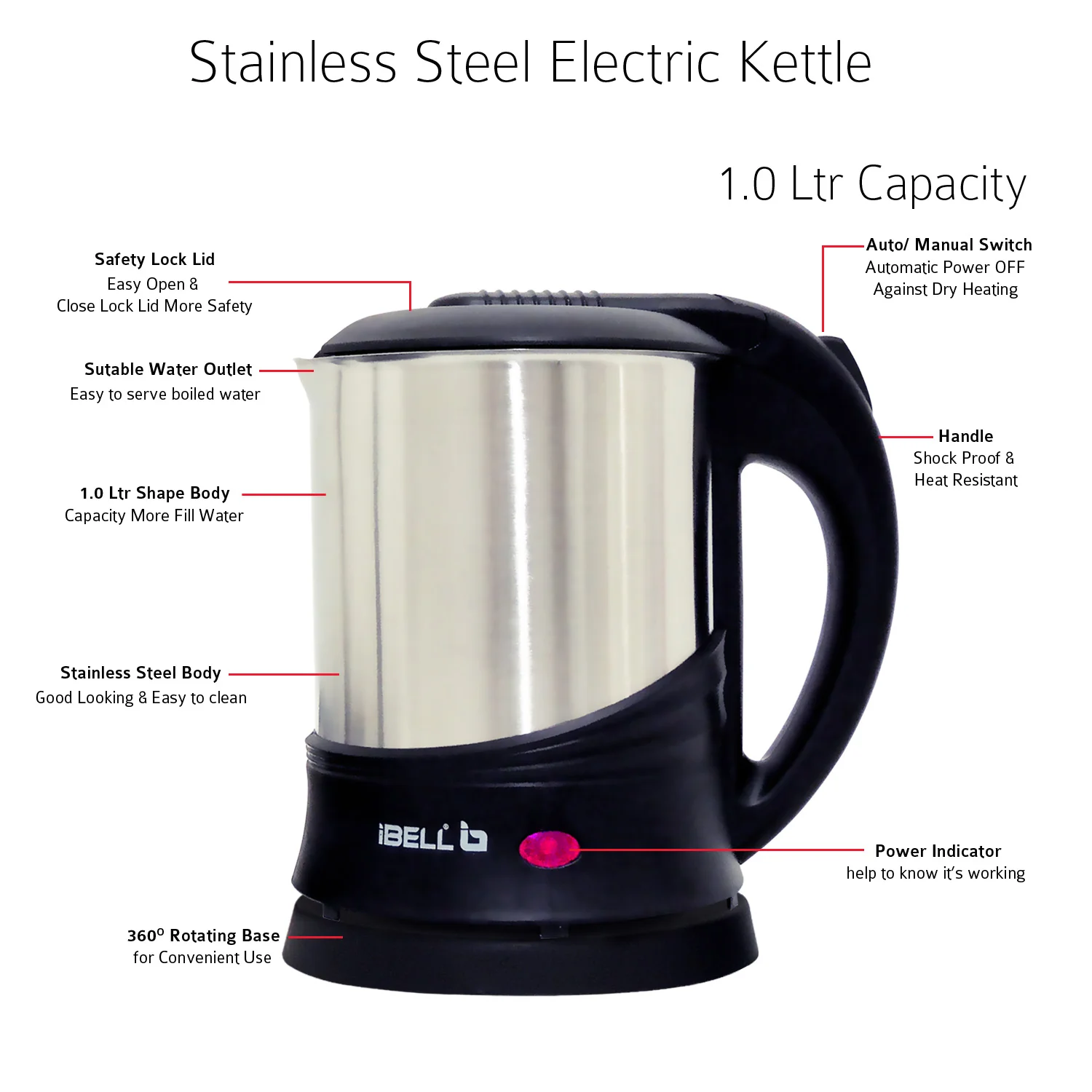 IBELL SEK110 Electric Kettle 1L- 1350W Stainless Steel, 360 degree Cordless Rotating Base, Auto Cut Off Function (Black) - Image 4