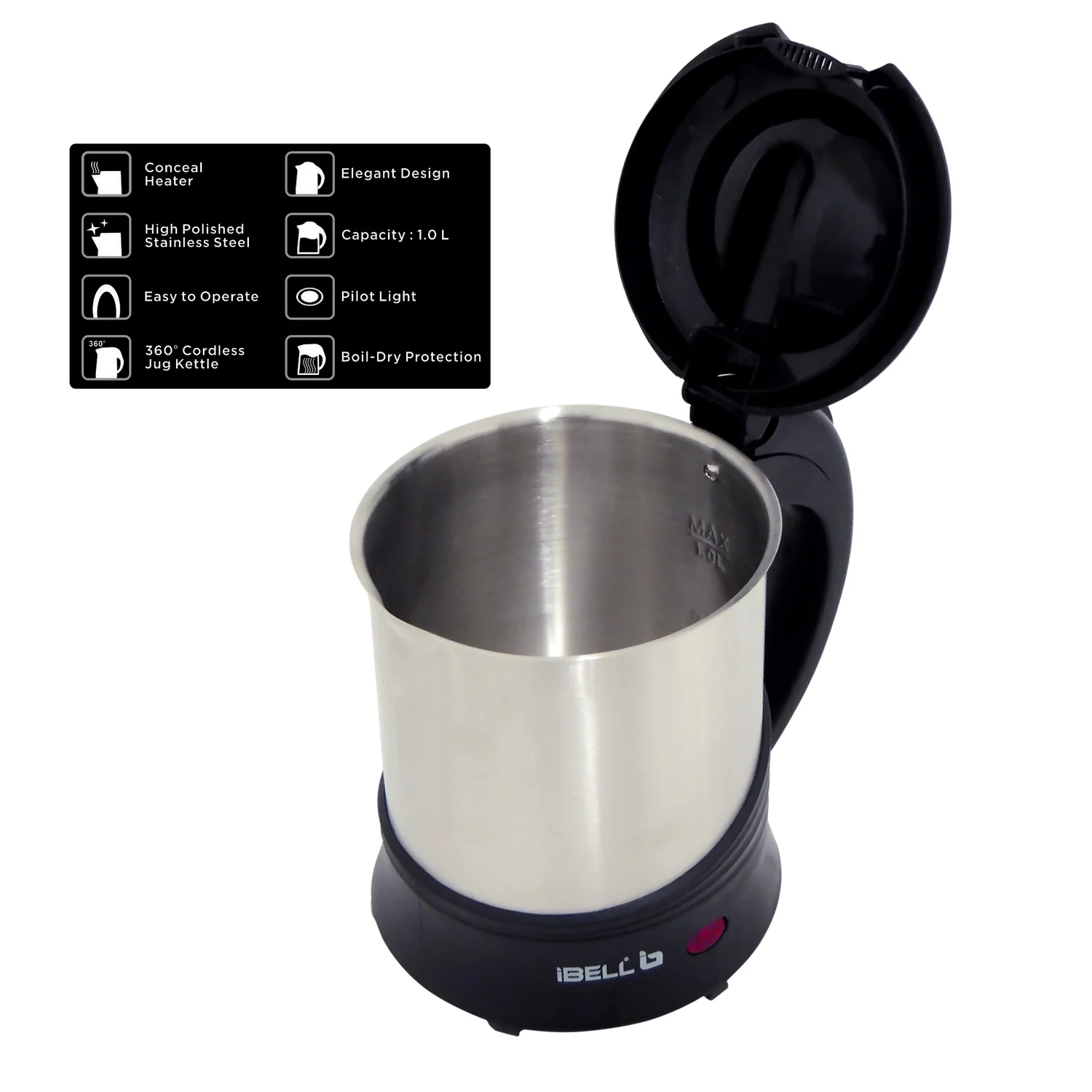 IBELL SEK110 Electric Kettle 1L- 1350W Stainless Steel, 360 degree Cordless Rotating Base, Auto Cut Off Function (Black) - Image 5