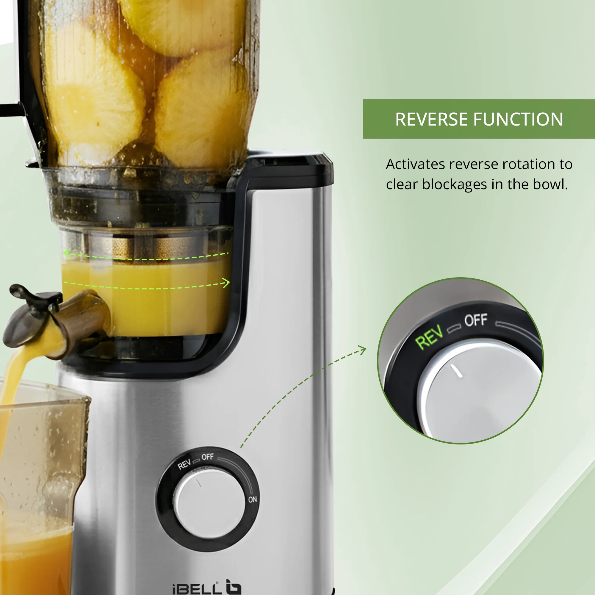 iBELL Slow Fusion 1300 Whole Fruit Cold Press Slow Juicer | 13 cm Wide Mouth | 300W Slow Juicer for Fruits, Vegetables, Nut Milk | High Juice Yield, Low Noise, Easy Clean 10 -Year Warranty - Image 8