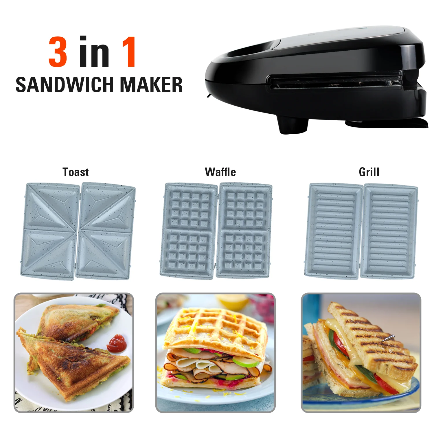 IBELL SM1301C 3-in-1 Electric Sandwich Maker 750W with Ceramic Coated Interchangable Plates for Toast/Waffle/Grill/Panini (Black) - Image 4