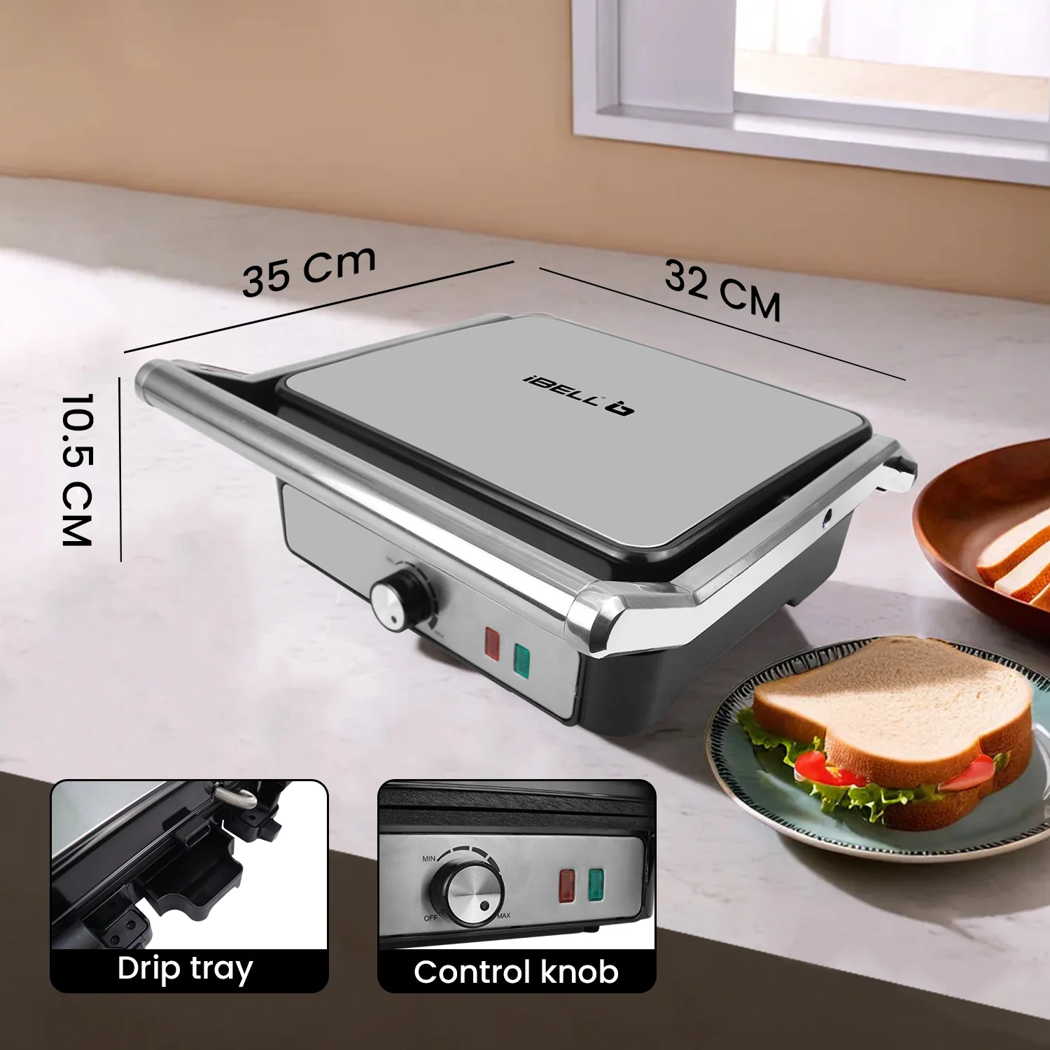 iBELL SM1320G Sandwich Maker Grill and Toast Electric, 2000W, Big Size Fits 4 Bread Slices, Thermostat Knob (Silver, 34 x 34 x 12 cm) - Image 5