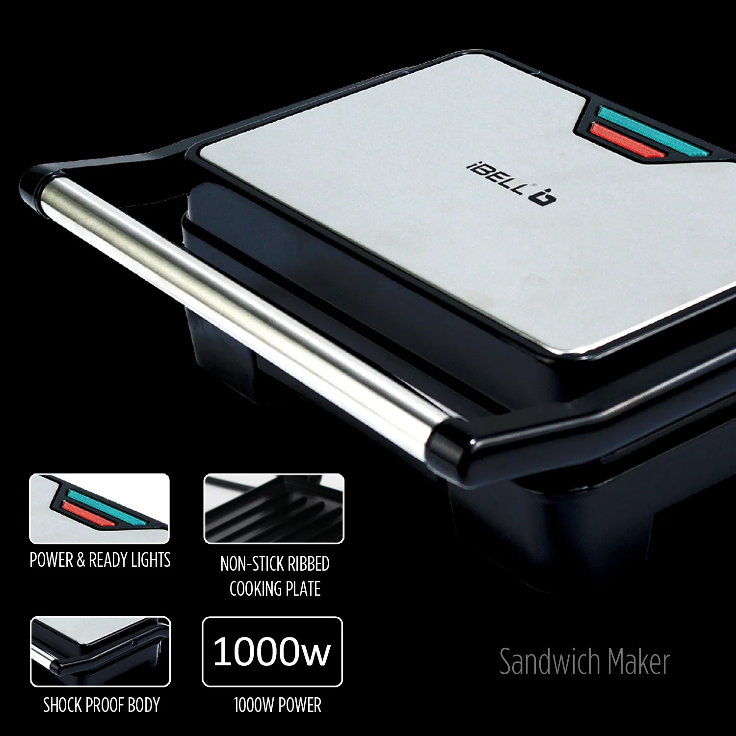 iBELL SM1515 Sandwich Maker with Floating Hinges, 1000Watt, Panini/Grill/Toast (Black) - Image 7