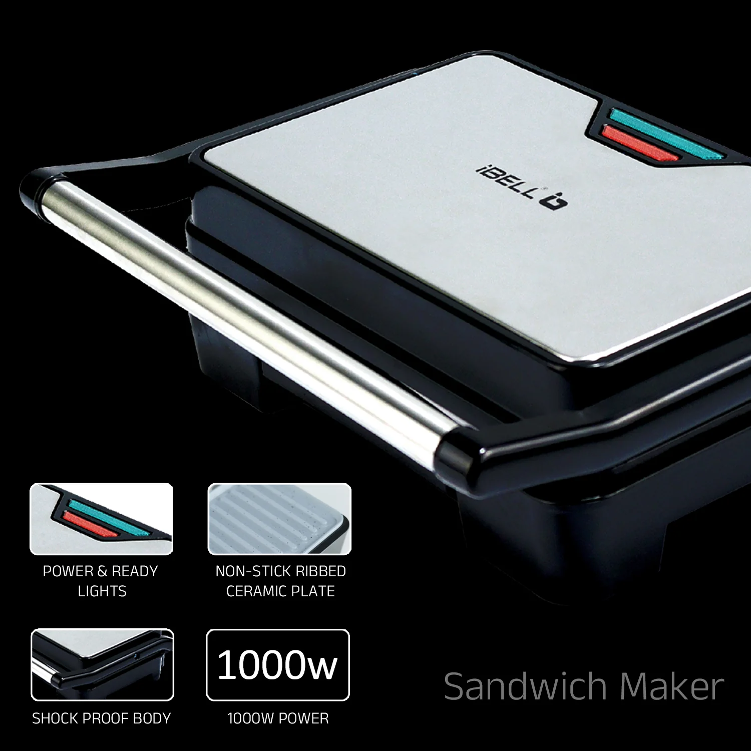 IBELL SM1515C Electric Sandwich Maker 1000W With Non Toxic Ceramic Coated Plates, Floating Hinges, Adjustable Size, Panini/Toaster/Grill(black) - Image 4